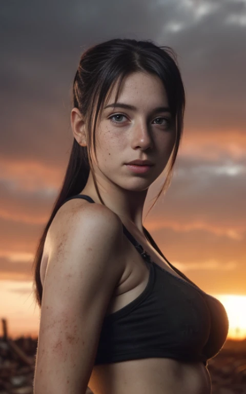 Nude (RAW photo of a 20 year old Tifa Lockhart), (highly detailed face:1.4) (smile:0.7) (dark apocalyptic background, private:1.3), wasteland, sunset, by lee jeffries, nikon d850, film stock photography, 4 kodak portra 400 ,camera f1.6 lens, rich colors, hyper realistic, lifelike texture, dramatic lighting, cinestill 800, messy hair, serious, (freckles:].4), pale skin, cute sexy