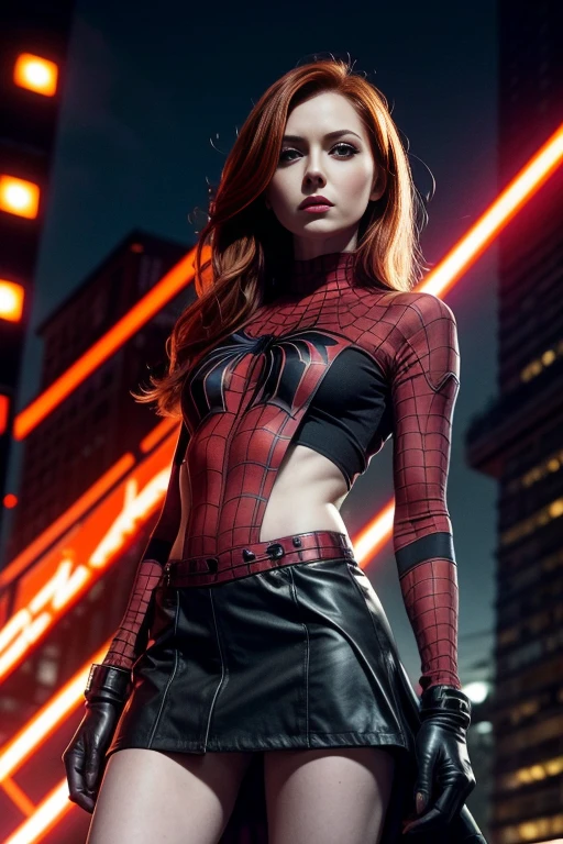 Karen Gillan、Sticking out the navel、newyork、She wears a torn Spider-Man suit,wearing skirt、 Red and black color scheme,Dynamic、​masterpiece、top-quality、ultra-detailliert、ighly detailed、beautiful detailed brilliance、超A high resolution