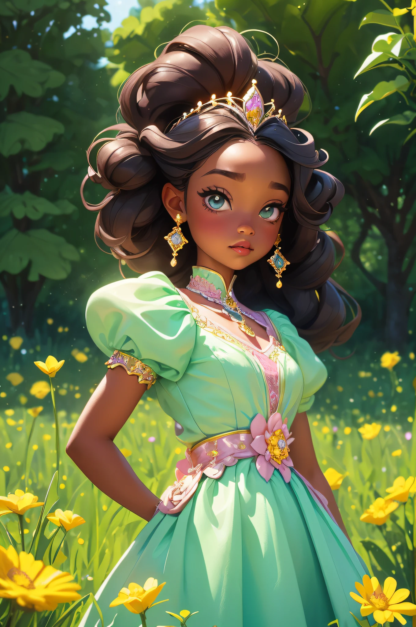 A young 6-year-old black princess, full of wonder and magic, stands in a field of blooming flowers. Her long green dress, in the style of Disney's Princess Sofia, is a vision of pastel colors and delicate lace. A diamond tiara rests on her head, reflecting the sunlight and casting a rainbow of colors around her. In the distance, her castle stands tall and proud, a symbol of her royal heritage.