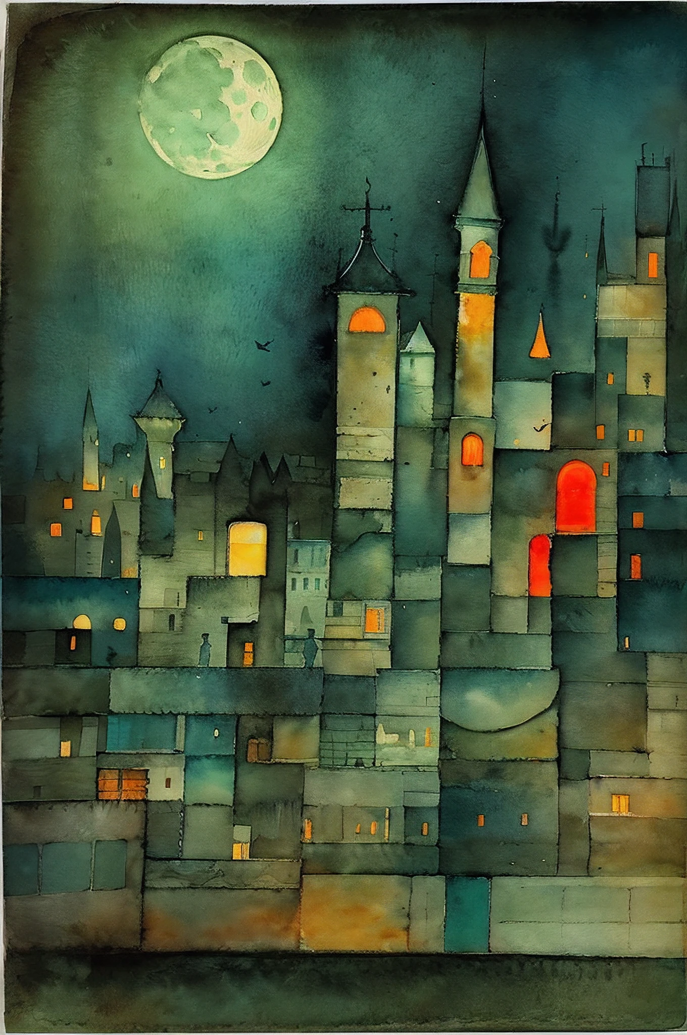 （Paul Klee）Cityscape at night. A city with a mix of urban and rural. It is reflected in the moonlit night.(Ink on Japanese paper, which tends to bleed easily)(contemporary art like a picture book) (transparent watercolor) (light itself expressed as real) (layers of soft, rich colors) (shades of paint dissolved thinly with water) (deep, delicate colors)