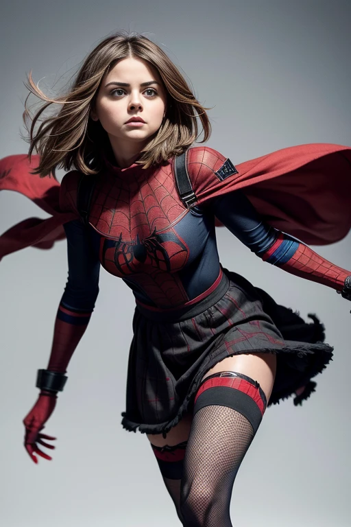 Jenna Louise Coleman、Sticking out the navel、newyork、She wears a torn Spider-Man suit,wearing skirt、 Red and black color scheme,Dynamic、​masterpiece、top-quality、ultra-detailliert、ighly detailed、beautiful detailed brilliance、超A high resolution