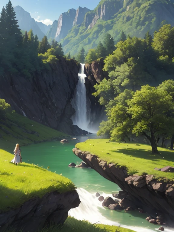 In a green meadow stands a girl leading a group of knights.
BREAK
With a brave expression, she guides them towards their destination.
BREAK
Behind her, a green forest stretches out and beyond that, mountains rise in the distance.
BREAK
The most suitable effect for this scene would be a watercolor painting technique to capture the softness of the meadow and the fluidity of the movement.