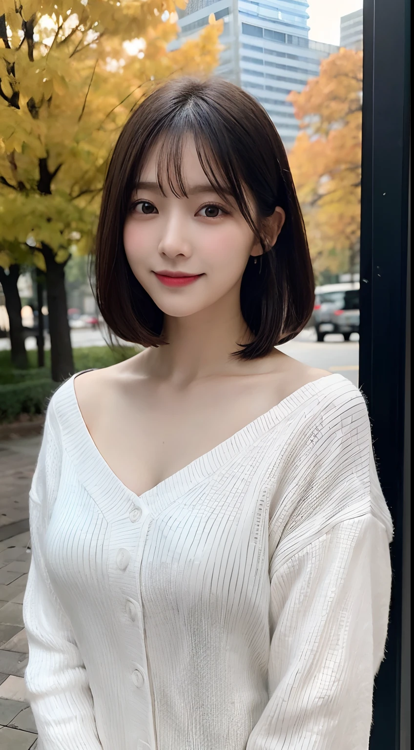 randome pose, mix4, (8K, Raw photography, top-quality, masterpiece: 1.45), (realisitic, Photorealsitic: 1.37), one girls, cute little, A smile、Cityscape, natta, profetional lighting, plain,a park,photon maping, Radio City, physically-based renderingt, Gradient black hair, white hair, Straight short bob cut,gals,a handsome, girl with, large full breasts,long-sleeve,cloak,Autumn clothes,Autumn outfit,top quality photo, hight resolution, 1080P, (clearface), (Detailed face description), (Detailed hand description), (masterpiece), lifelike, extreme light and shadows, dishevled hair, masterpiece, lush detail, (Fine facial features), (Highest Quality Photos), (masterpiece), (finely eye), dual、Look in front of you, Fine clavicle,Emphasis on the armpits、Show lower milk,