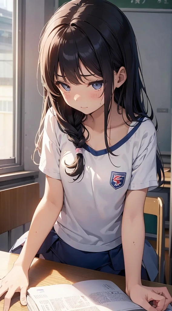 (masterpiece:1.2, top-quality), (realistic, photorealistic:1.4), beautiful illustration, (natural side lighting, movie lighting), nsfw,
looking at viewer, face focus, upper body, 1 girl, japanese, high school girl, perfect face, cute and symmetrical face, shiny skin,
(long hair:1.5, straight hair:1.4, dark purple hair), hair over one eye, dark purple, long eye lasher, (large breasts, seductive thighs, big ass), nipple hardening, slender,
beautiful hair, beautiful face, beautiful detailed eyes, beautiful clavicle, beautiful body, beautiful chest, beautiful thigh, beautiful legs, beautiful fingers,
((navy gym uniform, navy buruma)),
(beautiful scenery), evening, (school class room), school desk, school chair, window, curtains, blackboard, standing, (sad),