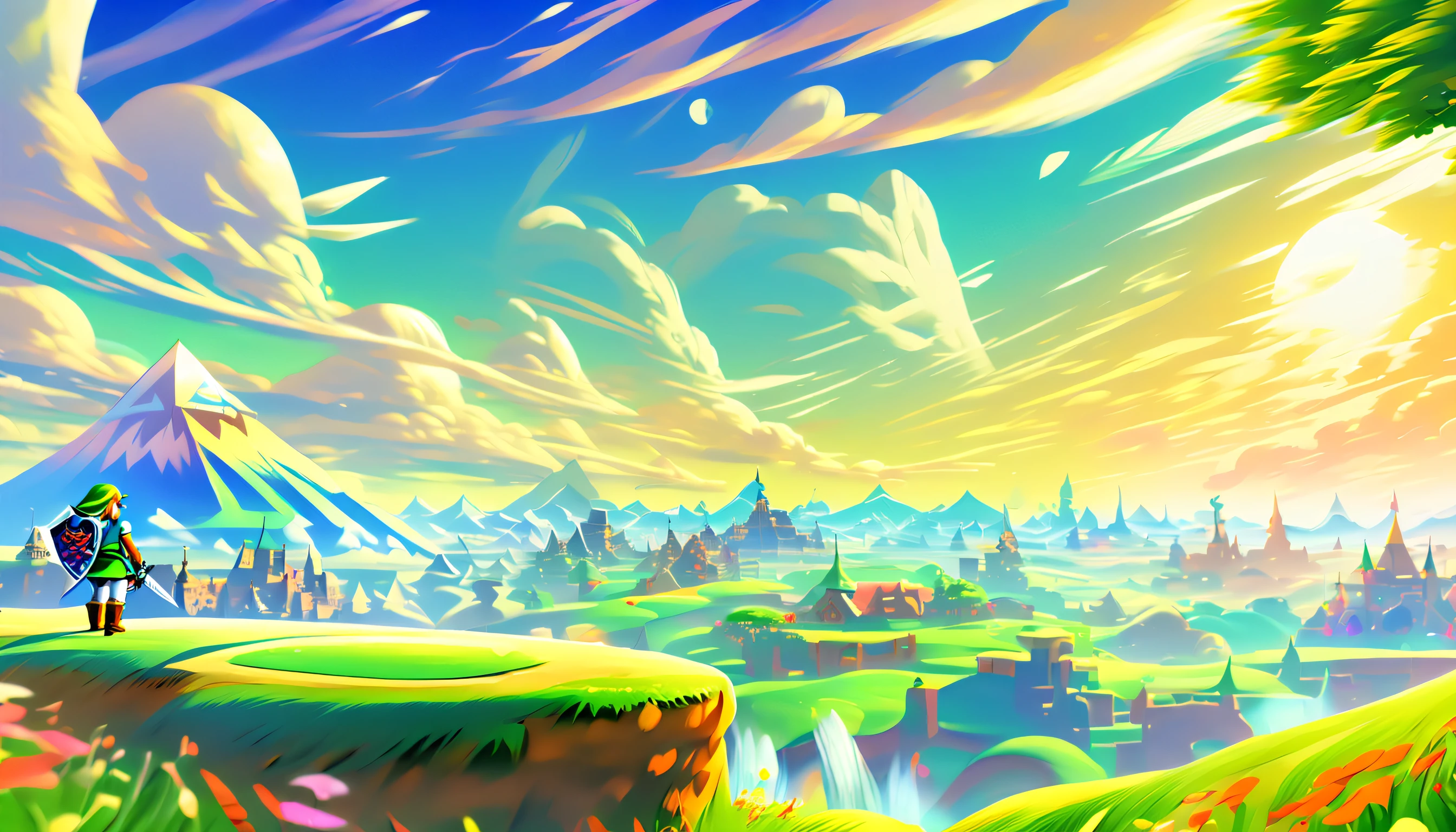 (((Legend of Zelda Style Scenery landscape and stylish Link illustration:1.3))), (((extremely incredibly detailed:1.3))), (((intricate insane details:1.3))), (((radiosity rendered in stunning 32k resolution:1.3))), highest quality, highly quality, (((ethereal beauty:1.3))), (((breathtaking beauty:1.3))), (((stunningly detailed paintwork:1.2))), (high contrast sophistication masterpiece:1.3), (((ultimate in quality and resolution:1.3))), (((intricate insane details:1.3))), (((dreams are released in the distant sky:1.1))), spring is scattered,echoing in this farthest land, (reincarnations reflected in eyes as look up at the sky.where will carry the lost tomorrow:1.1), blows across the dull-colored shining sea, small boats swaying in the wind, (((illuminating the endless track of dreams,destiny will burn out:1.2))), wander aimlessly, become the light that shines through my heart, and release my dreams in the distant sky, farthest reaches, if the map of sadness reverberated through the earth,scars of timeless days would be scattered, countless winds, in the blinking distance, shadow swayed in the endless rut of dreams,