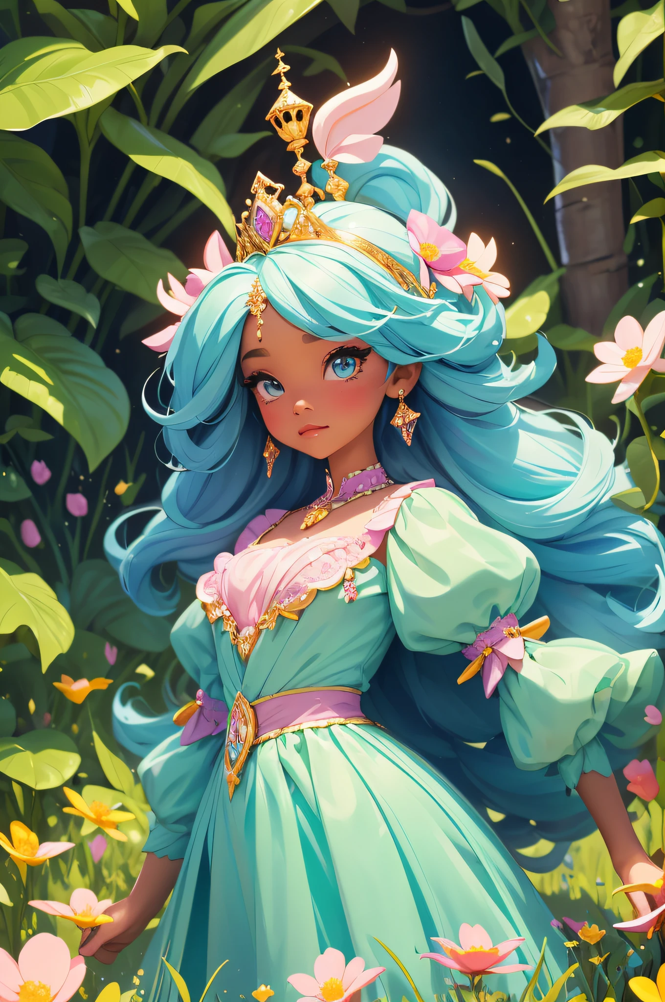 A young 6-year-old black princess, full of wonder and magic, stands in a field of blooming flowers. Her long green dress, in the style of Disney's Princess Sofia, is a vision of pastel colors and delicate lace. A diamond tiara rests on her head, reflecting the sunlight and casting a rainbow of colors around her. In the distance, her castle stands tall and proud, a symbol of her royal heritage.