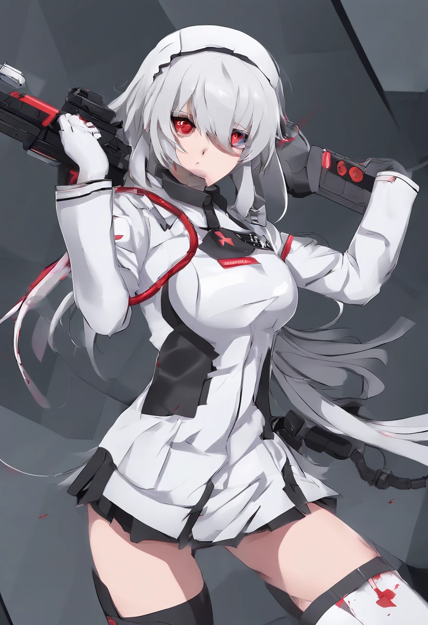 masterpiece, highest quality, highest detail, 1 girl,
BREAK, horror, (Small injured girl, blood, bleeding, injury), Shining white hair, jewel-like red eyes, anime highlight eyes, (Nurse uniform: 1.4), (White tight miniskirt: 1.2), White pantyhose, scarred clothes, dirty clothes, bloodstained clothes, scarred skin, battle damage, bandaged arms, bandaged legs, (Yandere:1.2),
BREAK, The background is a modern hospital, a collapsed hospital,
BREAK, full body, movie lighting, action movie poster, dynamic, beautiful girl action actor, motion blur, depth of field, 35mm, Sony FE, 1girl,