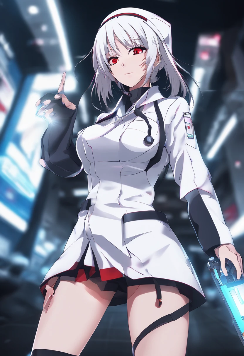 masterpiece, highest quality, highest detail, 1 girl,
BREAK, horror, (Small injured girl, blood, bleeding, injury), Shining white hair, jewel-like red eyes, anime highlight eyes, (Nurse uniform: 1.4), (White tight miniskirt: 1.2), White pantyhose, scarred clothes, dirty clothes, bloodstained clothes, scarred skin, battle damage, bandaged arms, bandaged legs, (Yandere:1.2),
BREAK, The background is a modern hospital, a collapsed hospital,
BREAK, full body, movie lighting, action movie poster, dynamic, beautiful girl action actor, motion blur, depth of field, 35mm, Sony FE, 1girl,