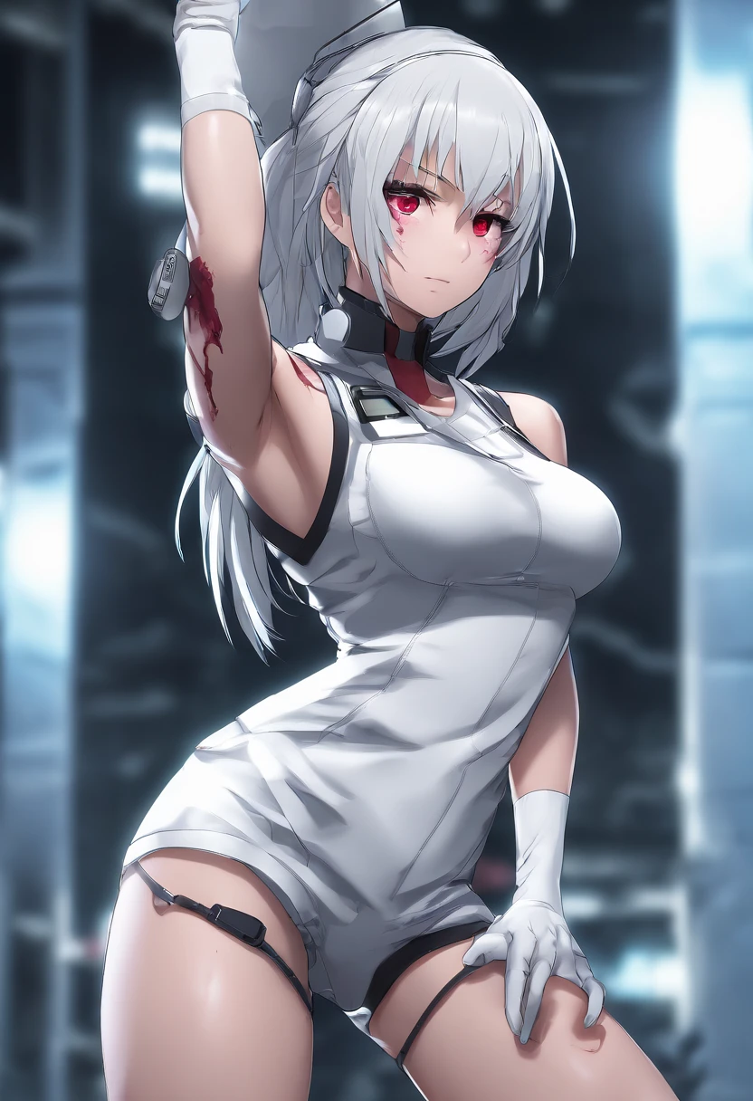 masterpiece, highest quality, highest detail, 1 girl,
BREAK, horror, (Small injured girl, blood, bleeding, injury), Shining white hair, jewel-like red eyes, anime highlight eyes, (Nurse uniform: 1.4), (White tight miniskirt: 1.2), White pantyhose, scarred clothes, dirty clothes, bloodstained clothes, scarred skin, battle damage, bandaged arms, bandaged legs, (Yandere:1.2),
BREAK, The background is a modern hospital, a collapsed hospital,
BREAK, full body, movie lighting, action movie poster, dynamic, beautiful girl action actor, motion blur, depth of field, 35mm, Sony FE, 1girl,