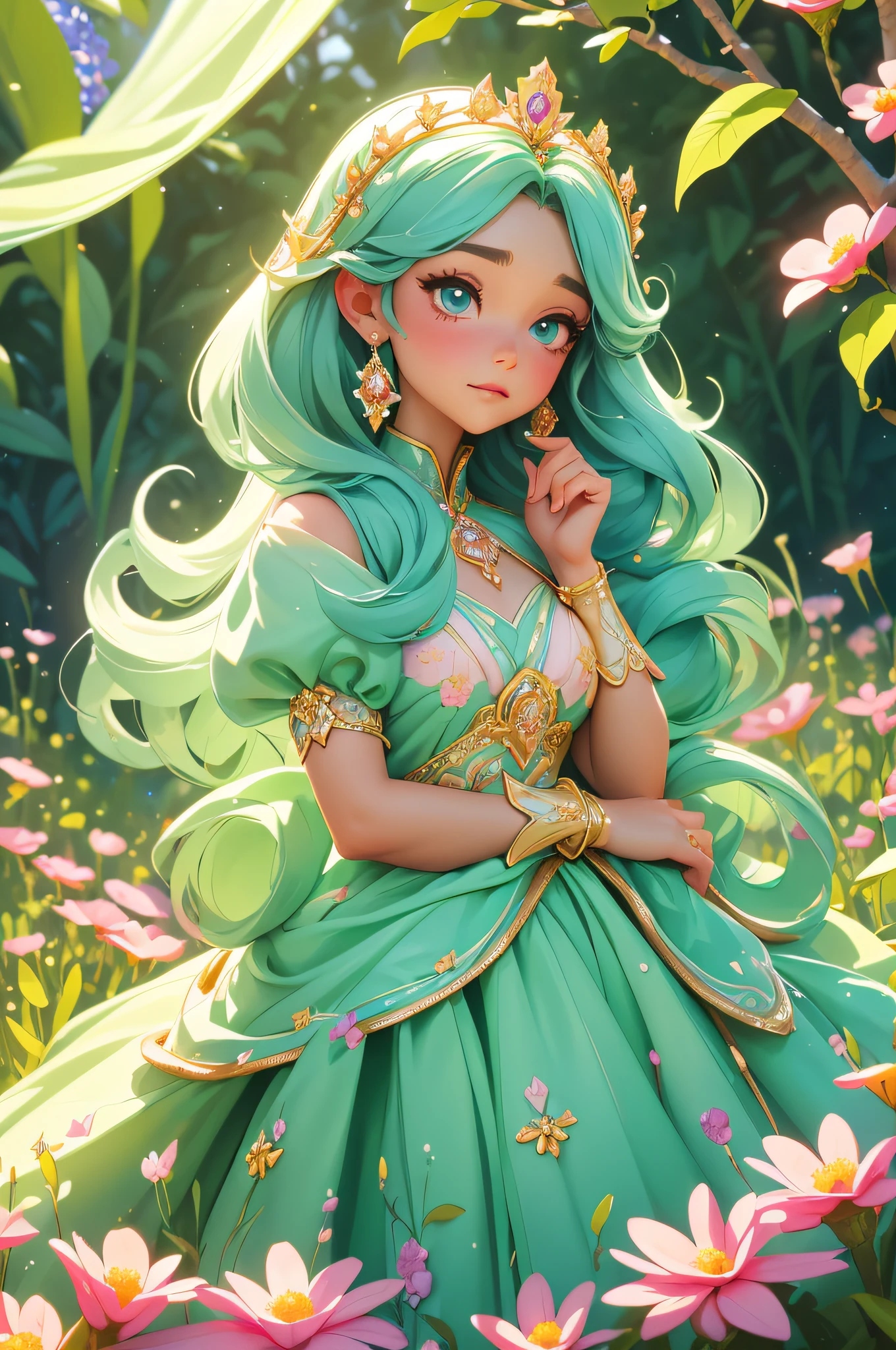 A young 6-year-old princess, full of wonder and magic, is in a field of blooming flowers. Her long green dress, in the style of Disney's Princess Sofia, is a vision of pastel colors and delicate lace. A diamond tiara rests on her head, reflecting the sunlight and casting a rainbow of colors around her. In the distance, her castle stands tall and proud, a symbol of her royal heritage.