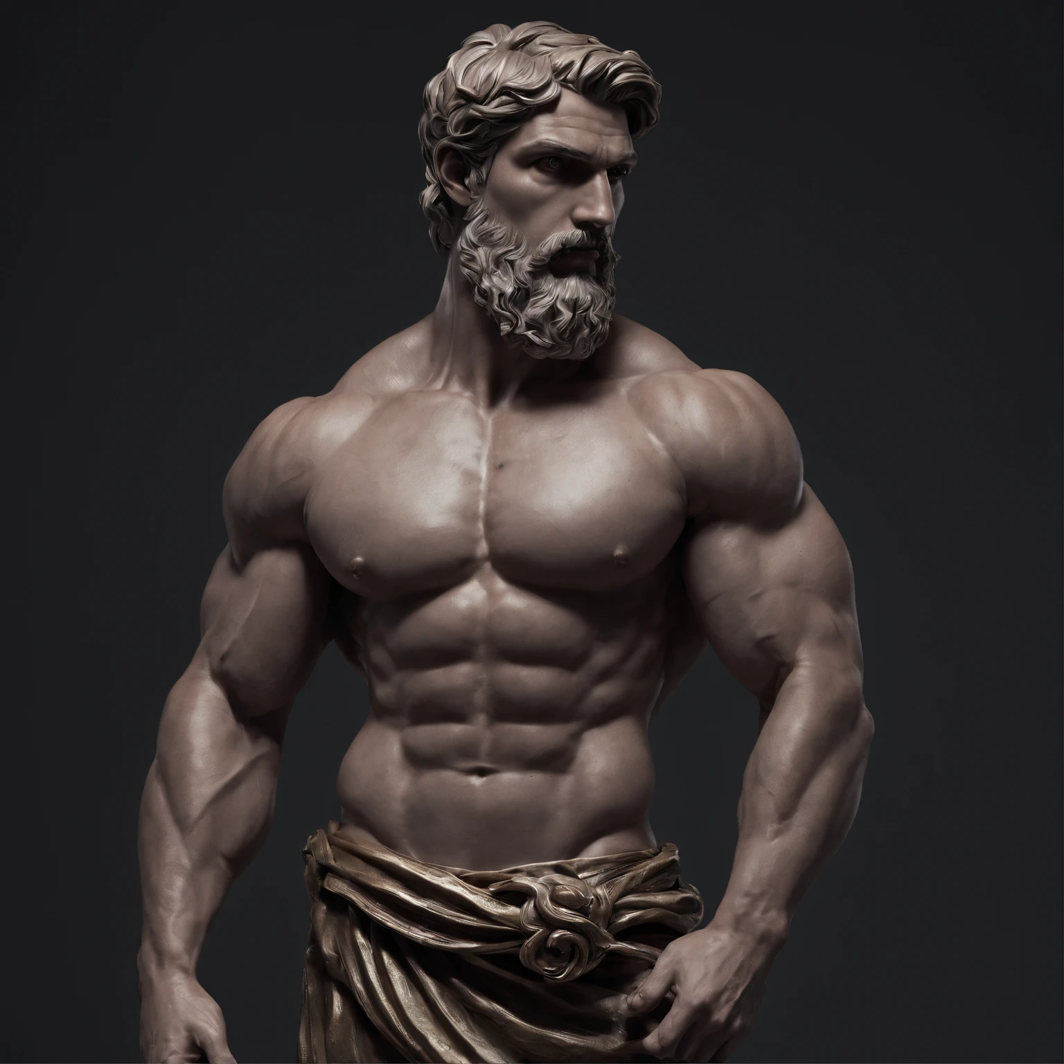 Greek god statue in a dark studio, muscled body statue, bodybuilding pose, man statue, bearded Greek god, minimal background, classic physique.