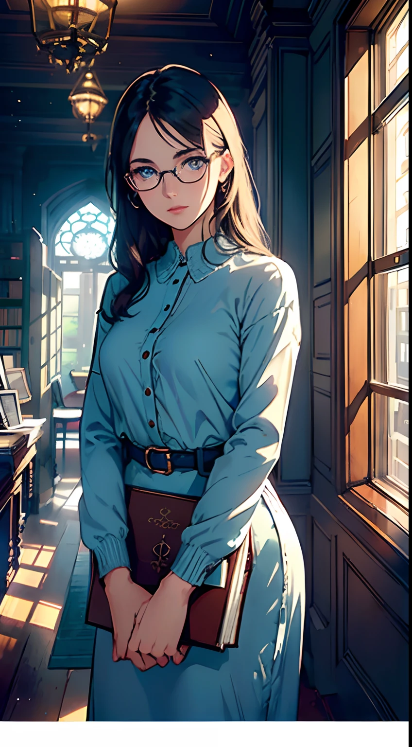 (infp young woman, Glasses, Eyes and faces with detailed, Gentle face, which are full of confidence, Blue eyes, Blue vibes enveloping her) ( Therapist, doctor ), (old library), (Reading a book, Focused), (Sunlight streaming through the window), (serene ambiance), (Vintage, classical), (Warm color palette), (Gentle lighting)