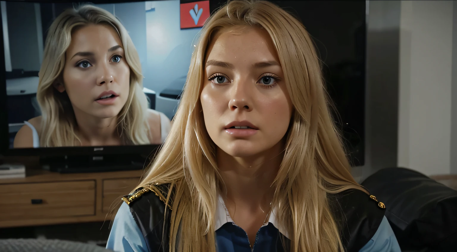 Shocked Blonde Girl In Her Home Watching On TV Report Of Plane Crash With Sole Survivor, Seeing Your Own Face on Screen