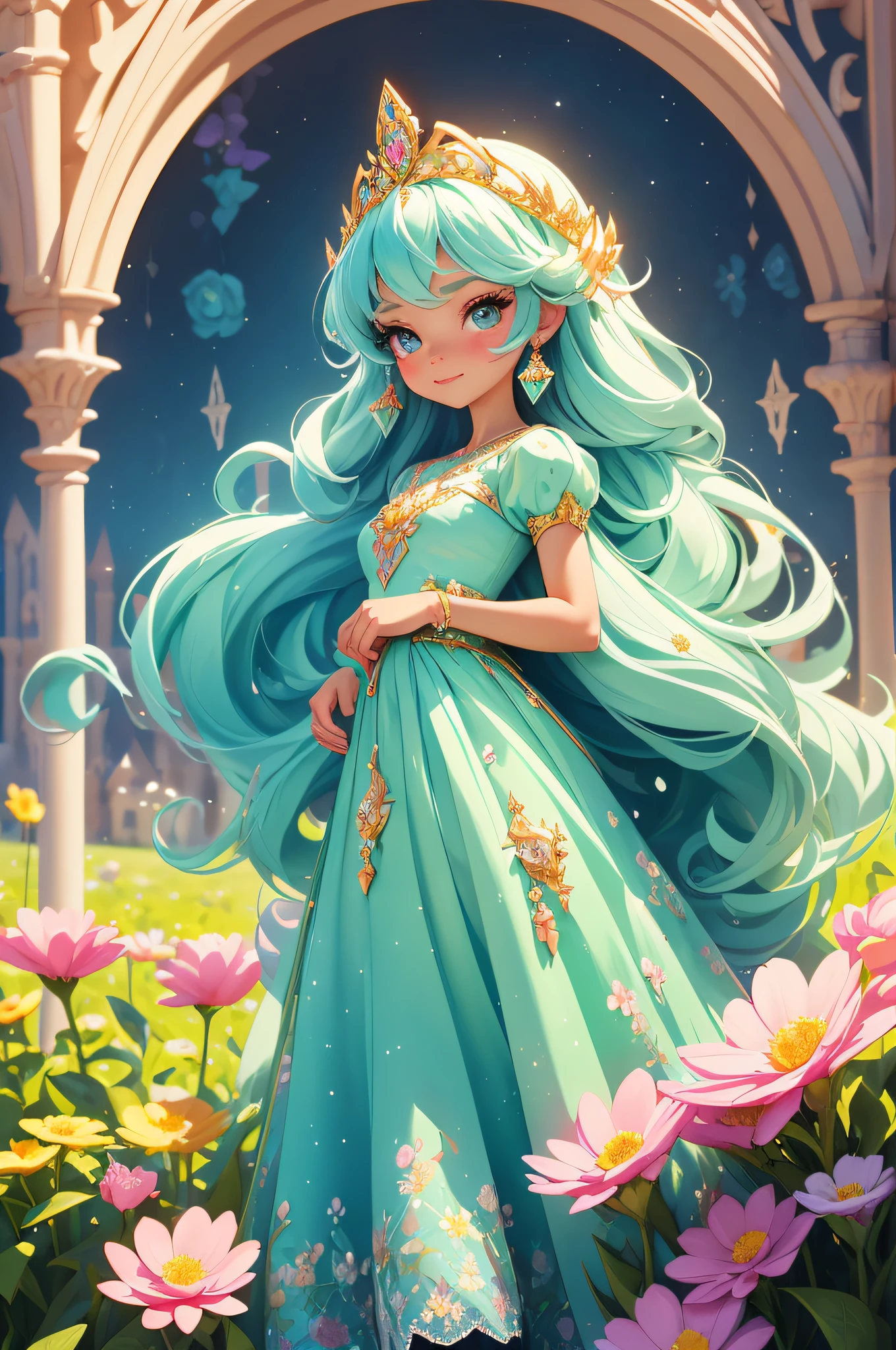 A young 6-year-old princess, full of wonder and magic, is in a field of blooming flowers. Her long green dress, in the style of Disney's Princess Sofia, is a vision of pastel colors and delicate lace. A diamond tiara rests on her head, reflecting the sunlight and casting a rainbow of colors around her. In the distance, her castle stands tall and proud, a symbol of her royal heritage.