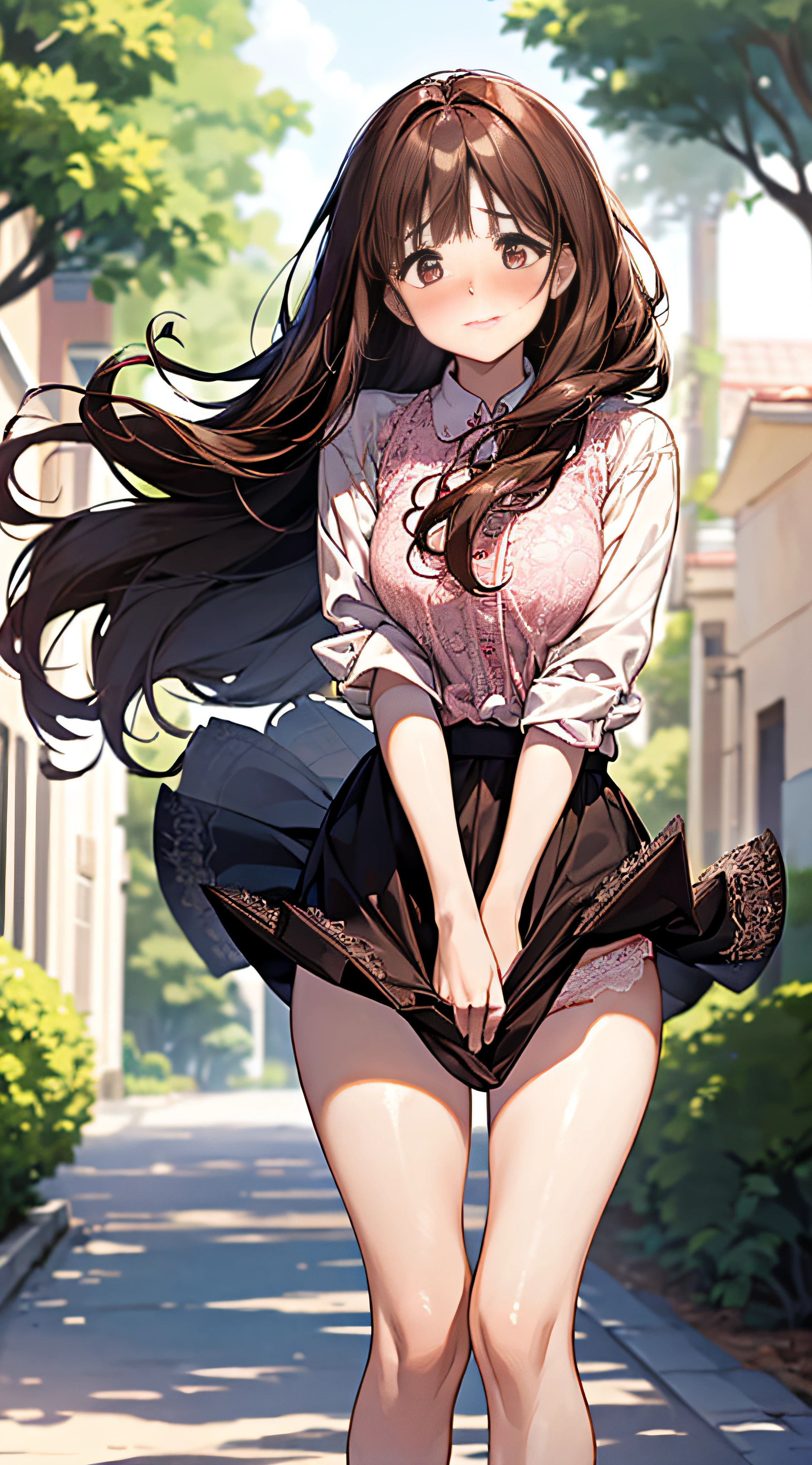 1womanl,dark brown hair,Long Wave Hair、a 20 yo woman、governess、Shy laughter、Beautiful Medium Big、White shirt,Red dress,well-styled,,(Facing the front)(((Blushing cheeks、embarassed expression)),(((The skirt is rolled up by the wind)))、((You can see all the panties))、Light Pink Lace Panties