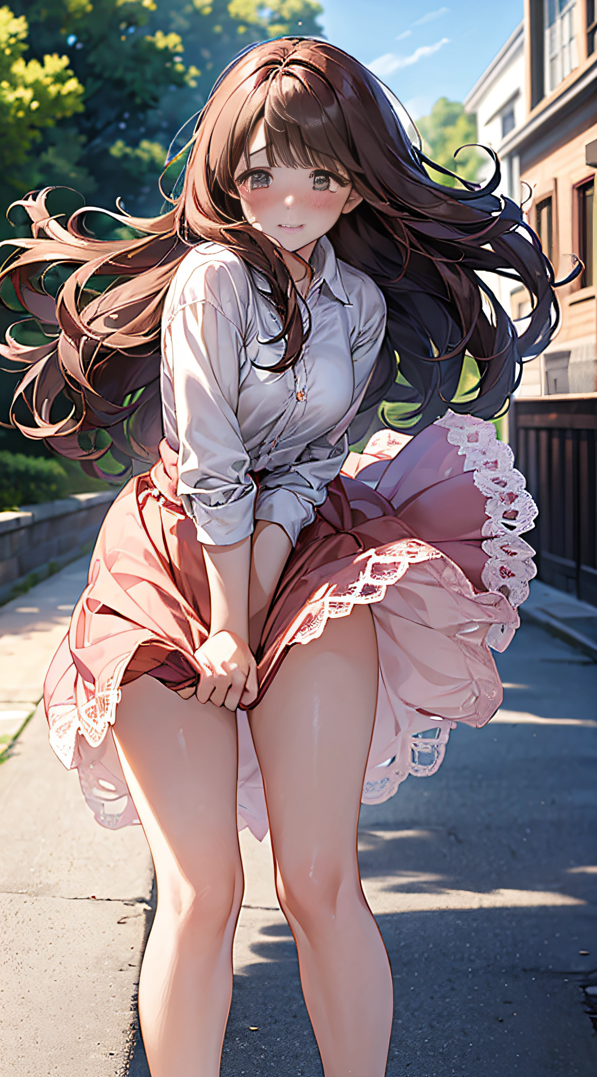 1womanl,dark brown hair,Long Wave Hair、a 20 yo woman、governess、Shy laughter、Beautiful Medium Big、White shirt,Red dress,well-styled,,(Facing the front)(((Blushing cheeks、embarassed expression)),(((The skirt is rolled up by the wind)))、((You can see all the panties))、Light Pink Lace Panties