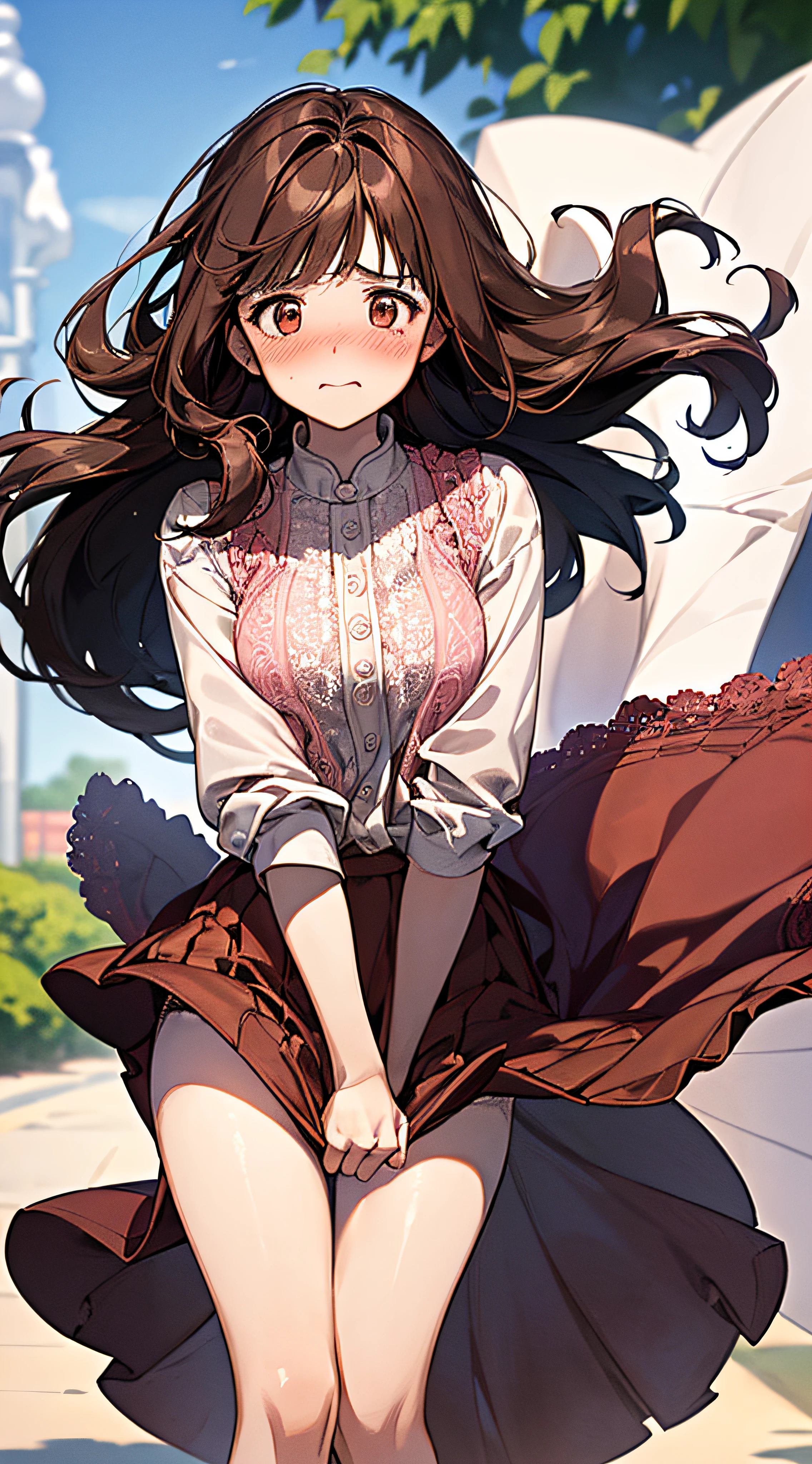 1womanl,dark brown hair,Long Wave Hair、a 20 yo woman、governess、Shy laughter、Beautiful Medium Big、White shirt,Red dress,well-styled,,(Facing the front)(((Blushing cheeks、embarassed expression)),(((The skirt is rolled up by the wind)))、((You can see all the panties))、Light Pink Lace Panties