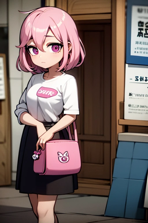 A pink haired woman with violet eyes with an hourglass figure is holding a pot of chicken noodle soup and a bag of medicine
