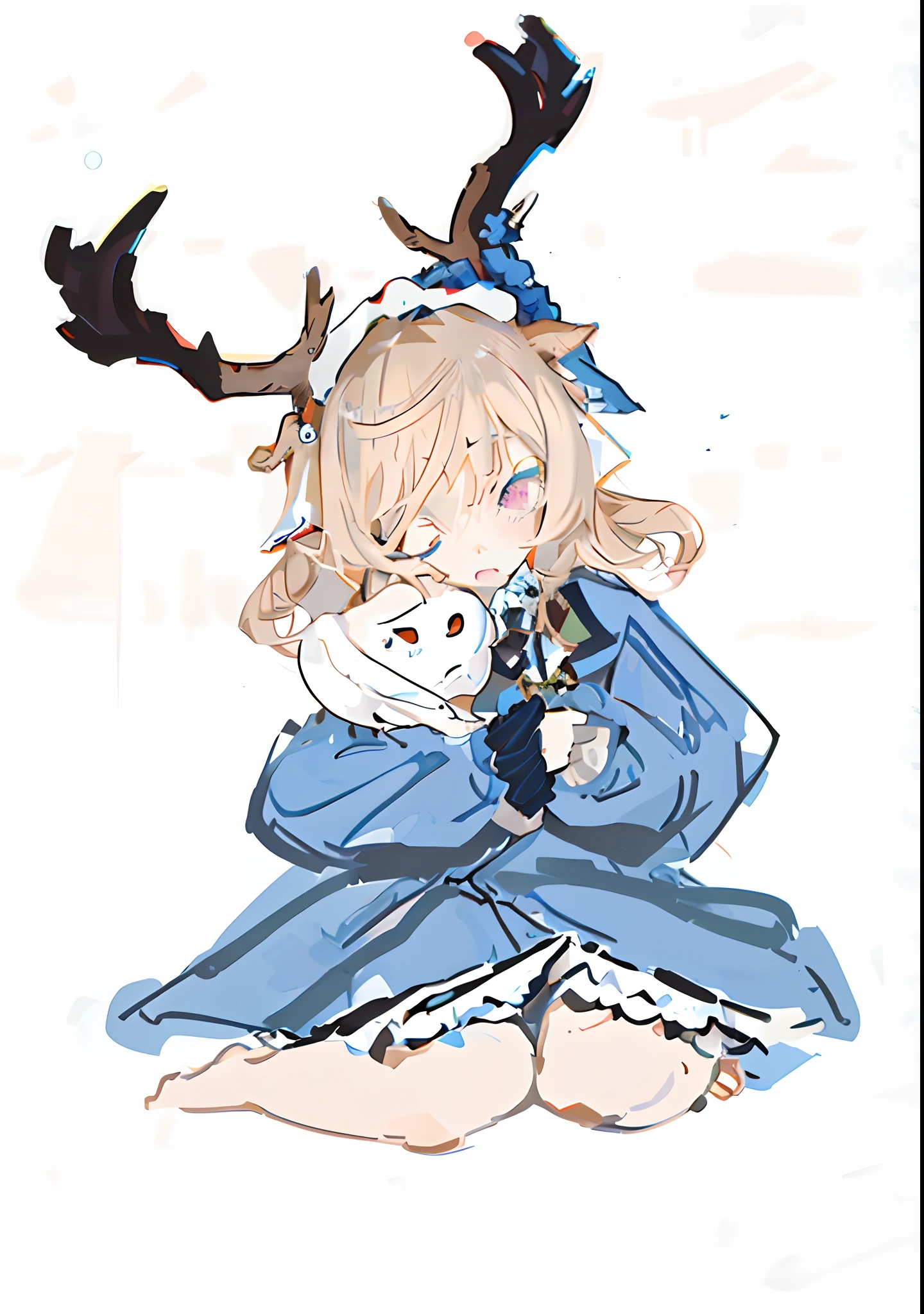 Anime girls have antlers on their heads, Pisif, by Kamagurka, at pixiv, Loli, Soft anime illustration，Wearing blue pajamas，Bare legged