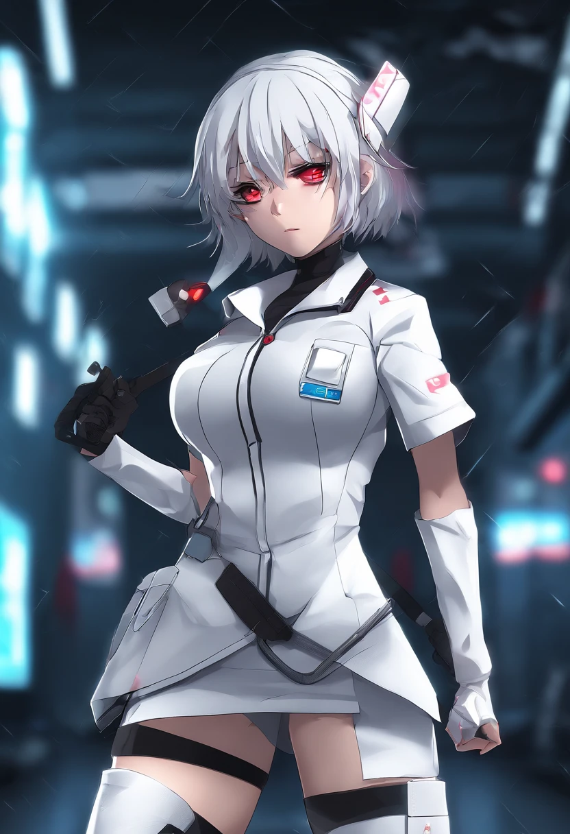 masterpiece, highest quality, highest detail, 1 girl,
BREAK, horror, (Small injured girl, blood, bleeding, injury), Shining white hair, jewel-like red eyes, anime highlight eyes, (Nurse uniform: 1.4), (White tight miniskirt: 1.2), White pantyhose, scarred clothes, dirty clothes, bloodstained clothes, scarred skin, battle damage, bandaged arms, bandaged legs, (Yandere:1.2),
BREAK, The background is a modern hospital, a collapsed hospital,
BREAK, full body, movie lighting, action movie poster, dynamic, beautiful girl action actor, motion blur, depth of field, 35mm, Sony FE, 1girl,
