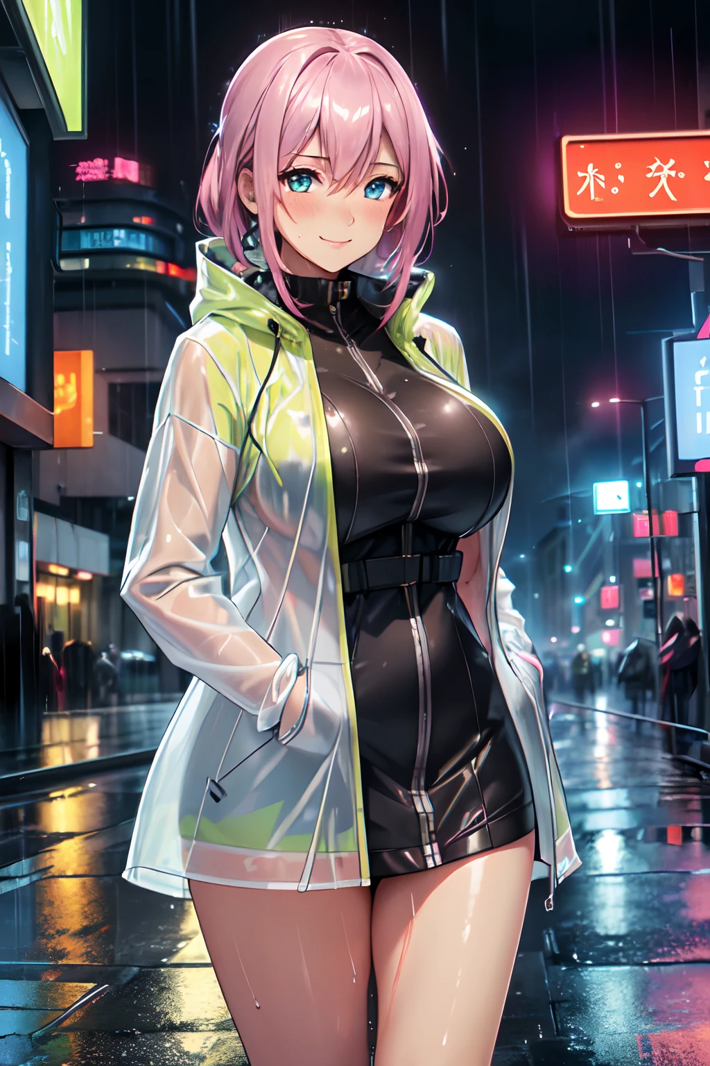 (High quality, High resolution, Fine details, Realistic), ((Colorful gradation raincoat)), (Artistic), (Futuristic), Rainy City, Midnight, solo, Curvy women, sparkling eyes, (Detailed eyes), smile, blush, Large breasts, Sweat, Oily skin, Shallow depth of field