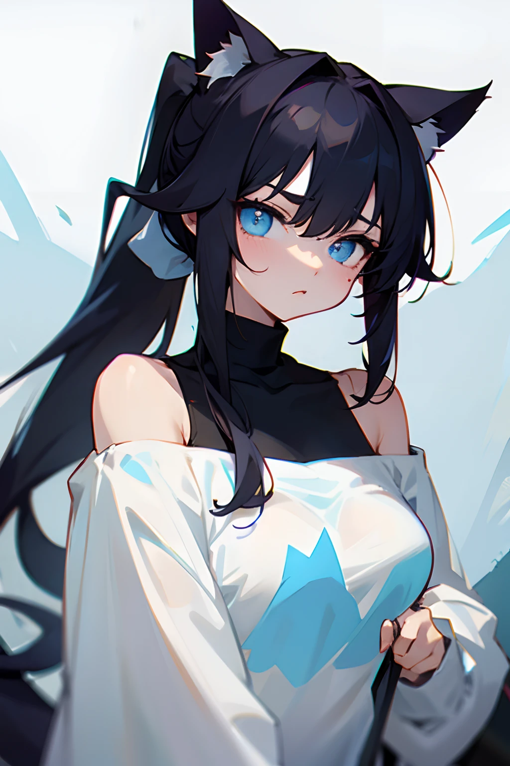 Cat-eared lady、glaring、Shoulders are sticking out、Sweaters、blue eyess、A dark-haired、Big ponytail