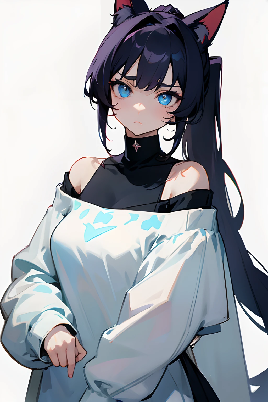 Cat-eared lady、glaring、Shoulders are sticking out、Sweaters、blue eyess、A dark-haired、Big ponytail