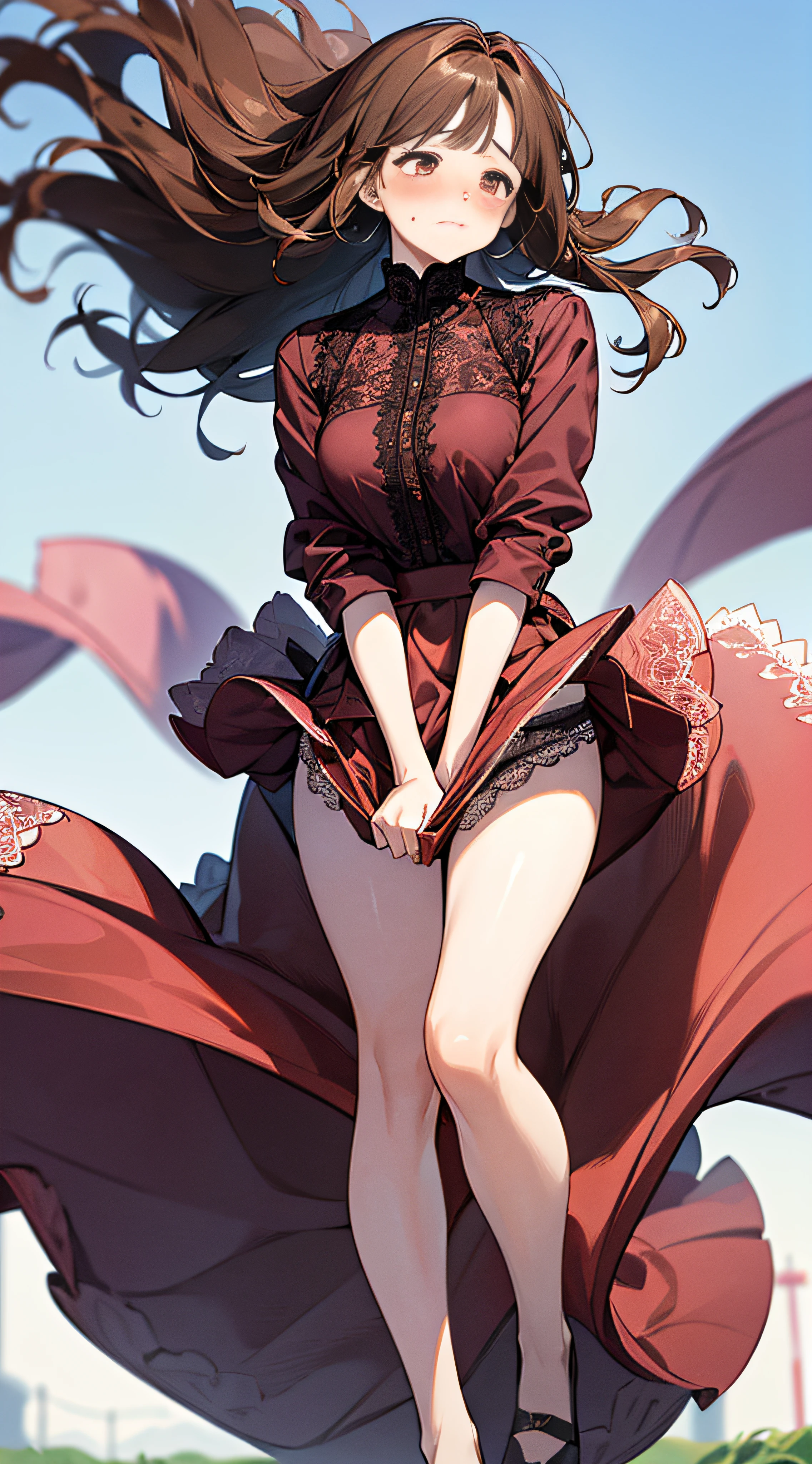 1womanl,dark brown hair,Long Wave Hair、a 20 yo woman、((Impatient expression)),Beautiful medium big、White shirt,Red dress,well-styled,,(Facing the front)(((Blushing cheeks、embarassed expression)),(((The skirt is rolled up by the wind)))、Pink lace panties