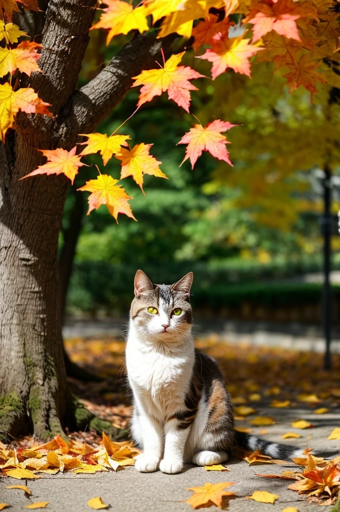 Create a realistic image of a cat sitting among the fallen leaves. The cat is a fluffy calico cat with a characteristic orange color, Black, and white spots. It's big, With expressive green eyes、I gaze curiously at the fluttering red maple leaves. The setting is a quiet garden, In a variety of reds, orange, And yellow leaves scattered around the cat, Eta、Overhead branches、There are still some installed. Sunlight passes through the leaves, Casting a mottled light on a serene environment.