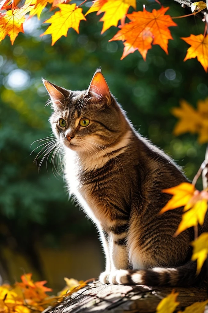 Create a realistic image of a cat sitting among the fallen leaves. The cat is a fluffy calico cat with a characteristic orange color, Black, and white spots. It's big, With expressive green eyes、I gaze curiously at the fluttering red maple leaves. The setting is a quiet garden, In a variety of reds, orange, And yellow leaves scattered around the cat, Eta、Overhead branches、There are still some installed. Sunlight passes through the leaves, Casting a mottled light on a serene environment.
