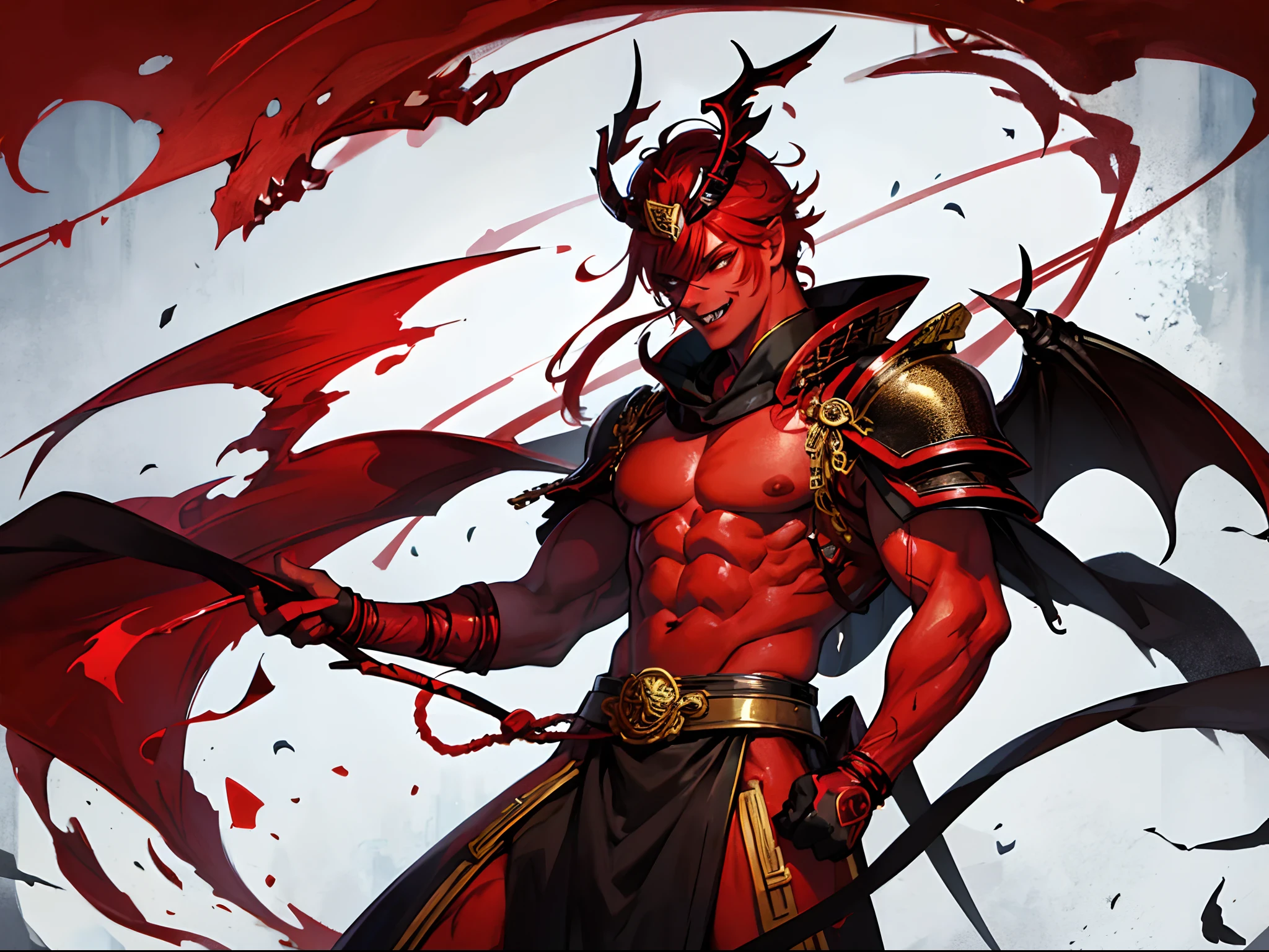 A male zombie，Red eyes，Red skin，There are long fangs on the mouth，Laughing，There are fleshy horns on the head，Wearing a Chinese crown helmet。Strong muscular body，Wears black metal plate armor trimmed with gold wire，There are two bat's wings on the back of the body。In the modern city。