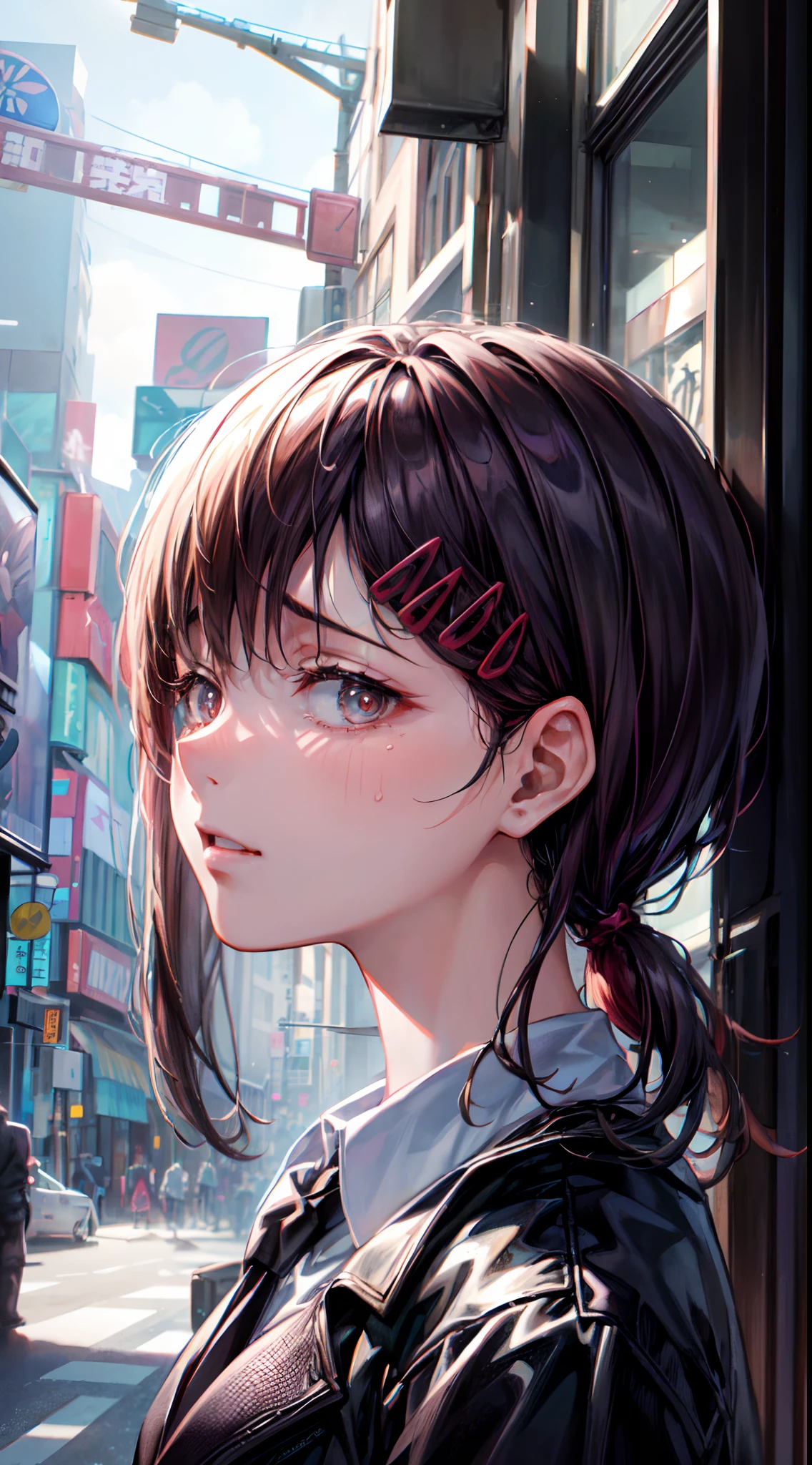 (absurdres, highres, ultra detailed, HDR), masterpiece, best quality, portrait, female focus, face focus, makima, kobeni \(chainsaw man\), black hair, short ponytail, hairpins, eye_focus, (low ponytail), default_cloth, black jacket, collared shirt, black necktie, black pants, teary-eyed, nervous, troubled eyebrows, detailed face, detailed eye, detailed hair, detailed outfit, tokyo (city), city background, collapsed cityscape, luxurious, 8k, detailed, ray tracing, depth of field, cinematic lighting, looking at another, blue sky