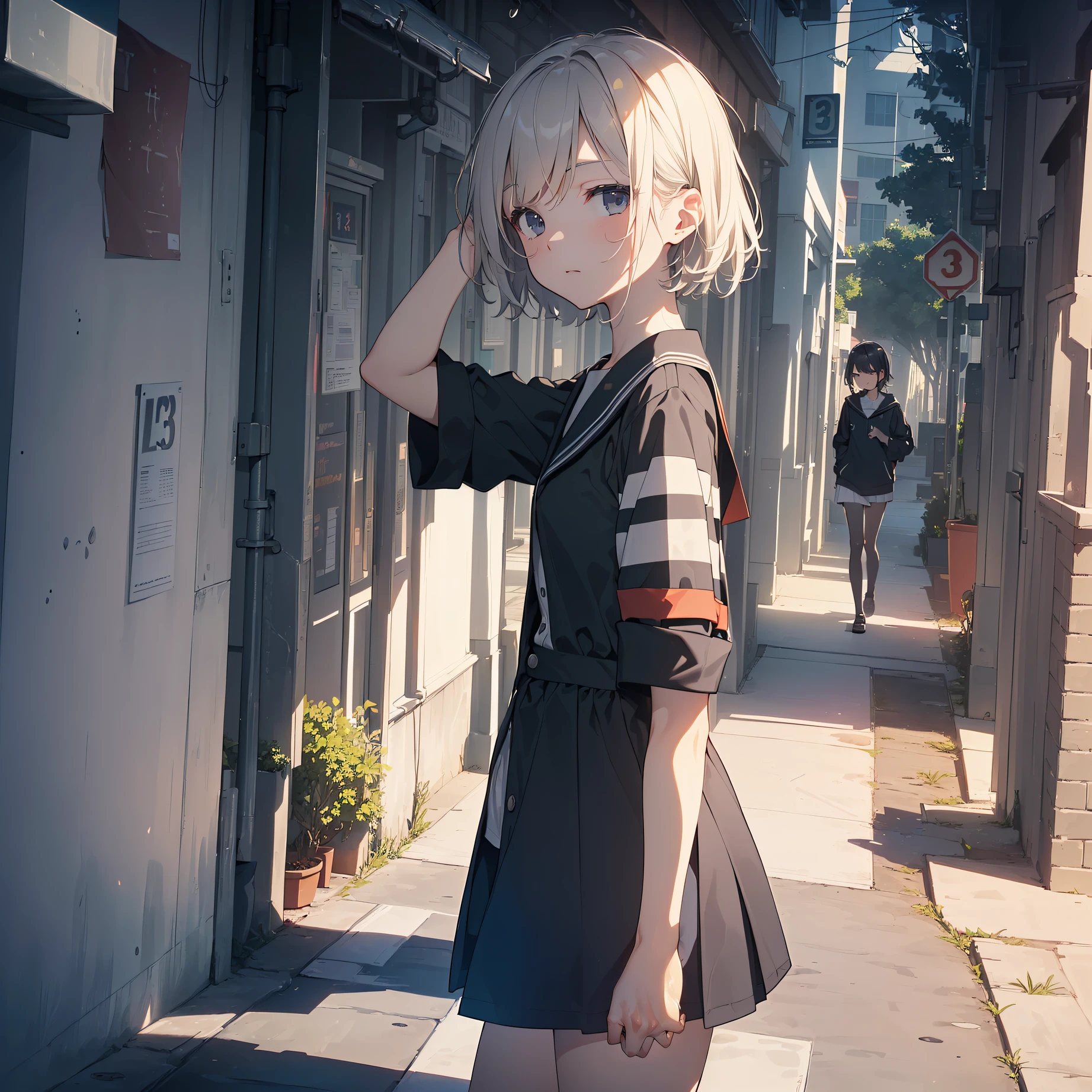 ((top quality, ultra-detailed,high resolution,extremely detailed CG,unity 8k wallpaper, by famous artist, perfect anatomy, super detailed skin, cinematic lighting, UHD, retina, anatomically correct, 1080P)),break,(Please draw a girl walking sleepily to school. :1.3),break, 1girl, (Solo,Loli face,13-year-old:1.5),a junior high school student, androgynous charm, (Very Short hair), Full limbs, complete fingers,flat chest, Small butt, groin, Beautiful detailed black eyes, disgusted eye, school Uniform, (Detailed Lighting), (Detailed background), (in the school zone),