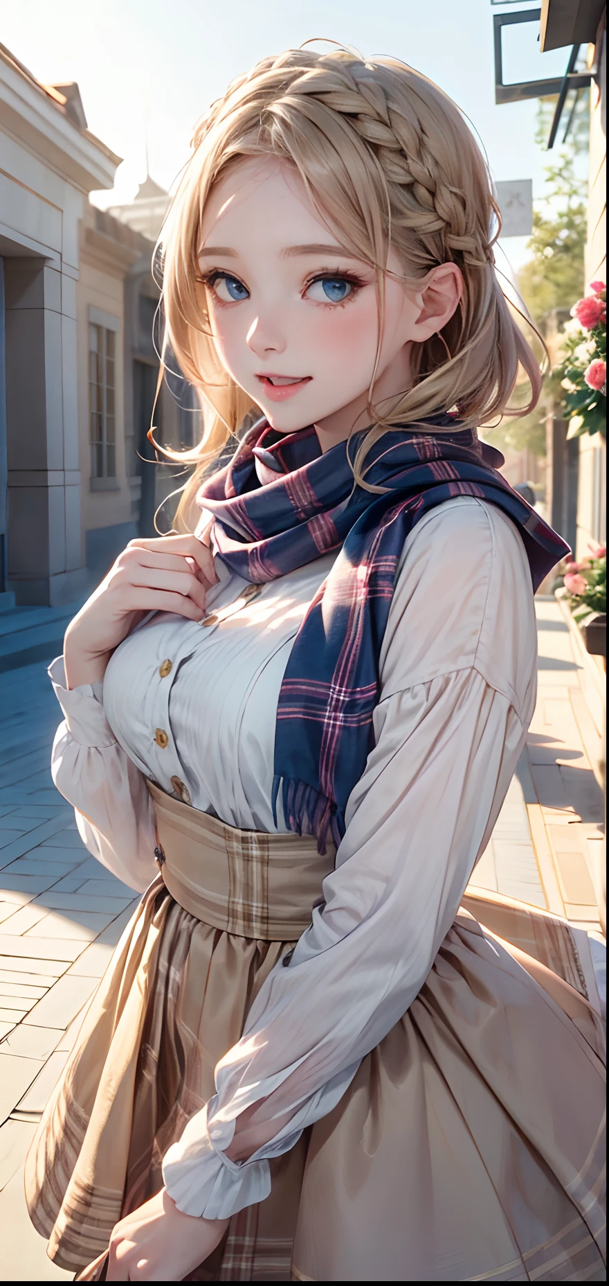 (masterpiece),(top-quality:1.2),1girl in,(masuter piece:1.3),exquisitedetails, Highest quality 8K resolution, Ultra-detailed, Realistic, Vibrant colors, Soft tones, With warm and gentle lighting,(Beautiful plaid scarf:1.3),(Pink Ruffled Ribbon Dress,) (short twin-tailed blonde hair:1.2),(Hair parted in the middle:1.3),(Glowing hair),(Dark blue eyes:1.3),White skin, hair clips,Overflowing soft and gentle feelings,(The promenade is full of flowers),The sun's rays illuminate joy and pure love, Warm golden glow,The atmosphere is full of happiness and laughter, As if celebrating love,Sticking to ultra-detailed depictions and vivid colors. In a style that blends romanticism and realism、You can feel the depth of love,color palettes,Create an ethereal atmosphere like a dream,and the lighting is soft and diffused, Shine a gentle light on your face,The artwork is a masterpiece,