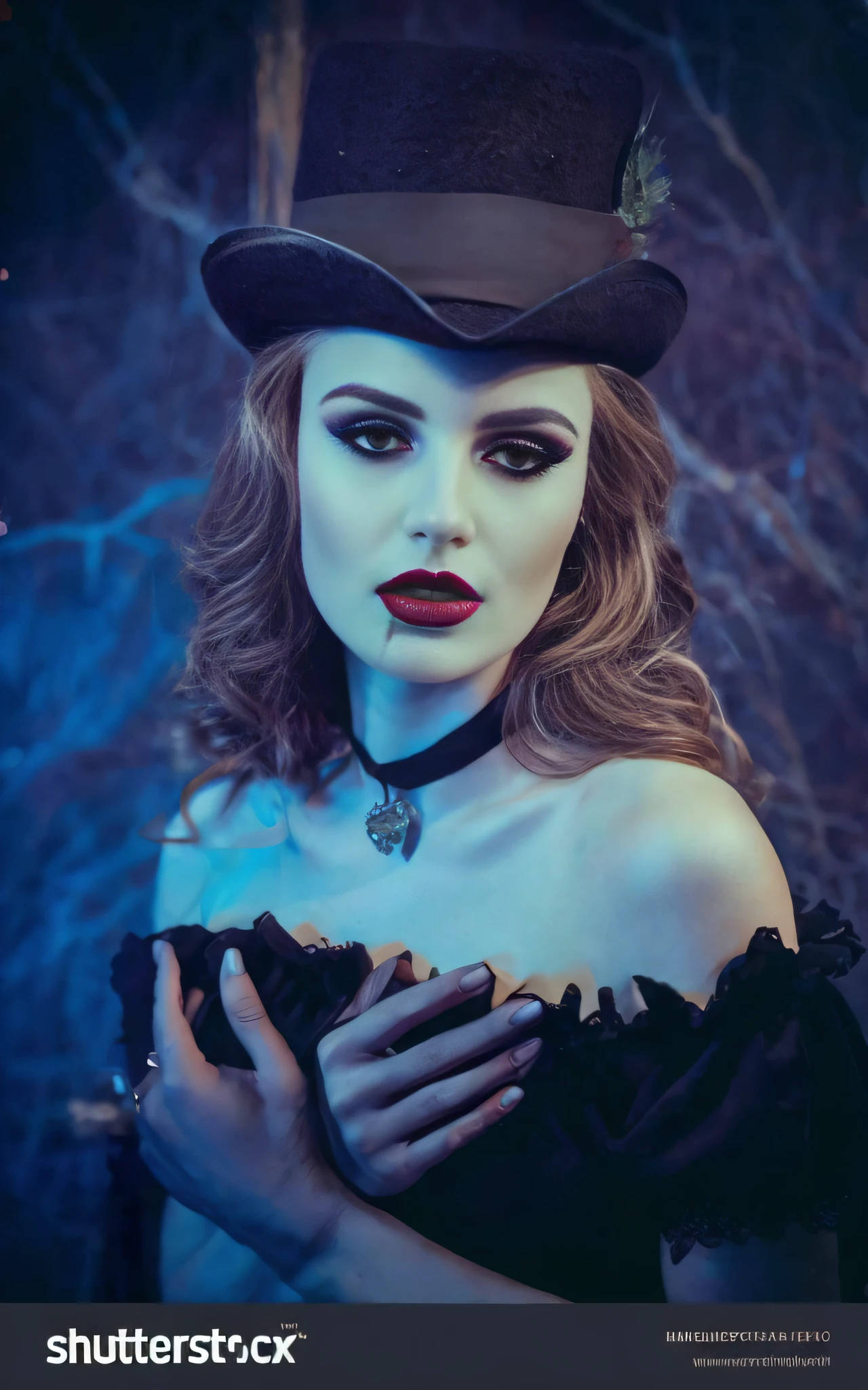 foto RAW, un primer plano de una mujer vampira hermosa con un sombrero de copa, guantes negros transparentes, gothic art, tonos azules, Vampire Fantasy, con maquillaje profesional, vibraciones oscuras, (piel alta y detallada:1.2), 8k UHD, DSLR, Soft lighting, alta calidad, Film grain, Fujifilm XT3