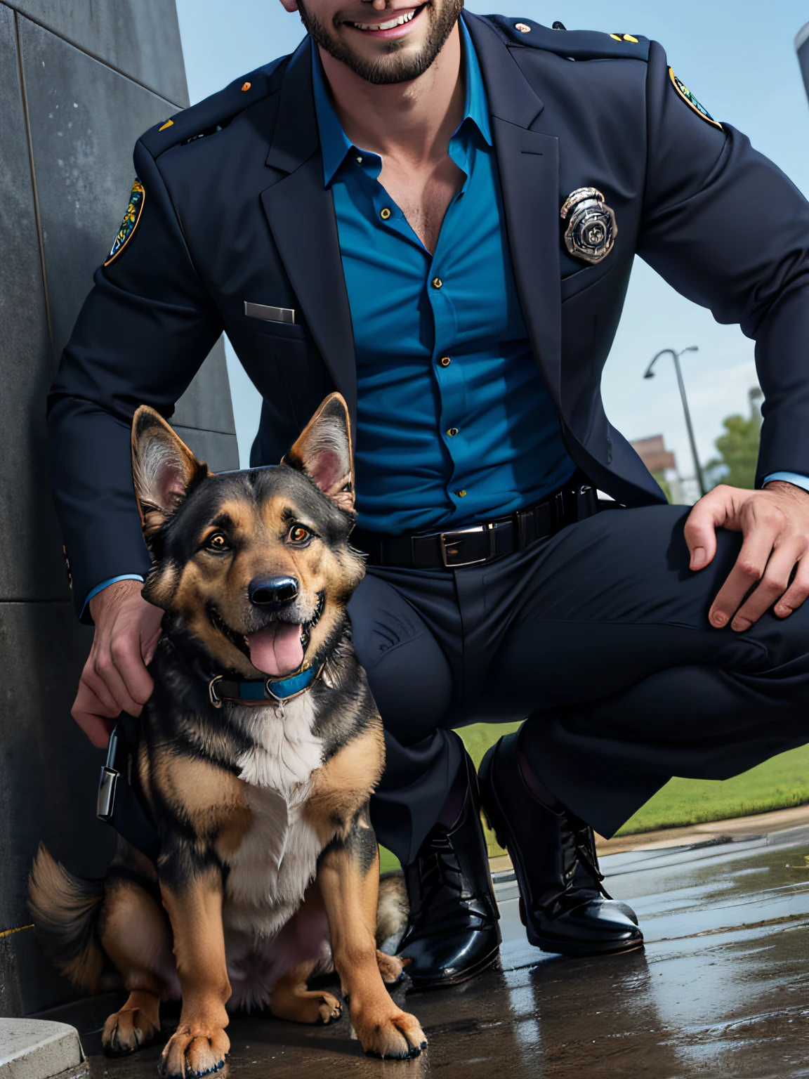 a man and a (big K9 German Shepherd dog in the center), smilling, blue formal shirt, brown leather jacket, facial hair, have a police badge on the belt, standing in a park, the man is behind the dog, squatting position, scrubbing the dog, ((the high well detailed)), detailed face, seen from the front, full body shot, low angle, close up,