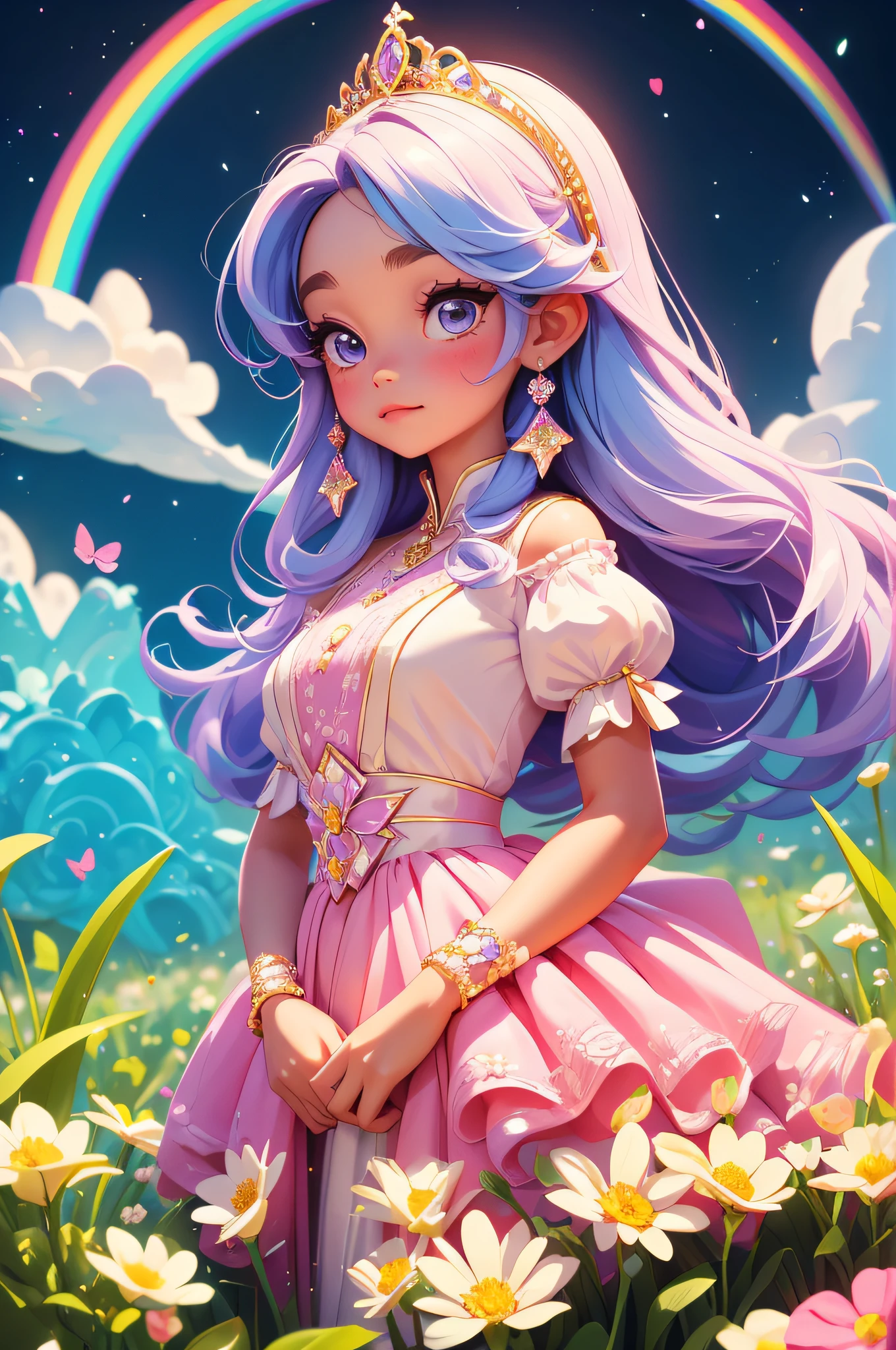 A young 6-year-old princess, full of wonder and magic, is in a field of blooming flowers. Her long dress, in the style of Disney's Princess Sofia, is a vision of pastel colors and delicate lace. A diamond tiara rests on her head, reflecting the sunlight and casting a rainbow of colors around her. In the distance, her castle stands tall and proud, a symbol of her royal heritage.