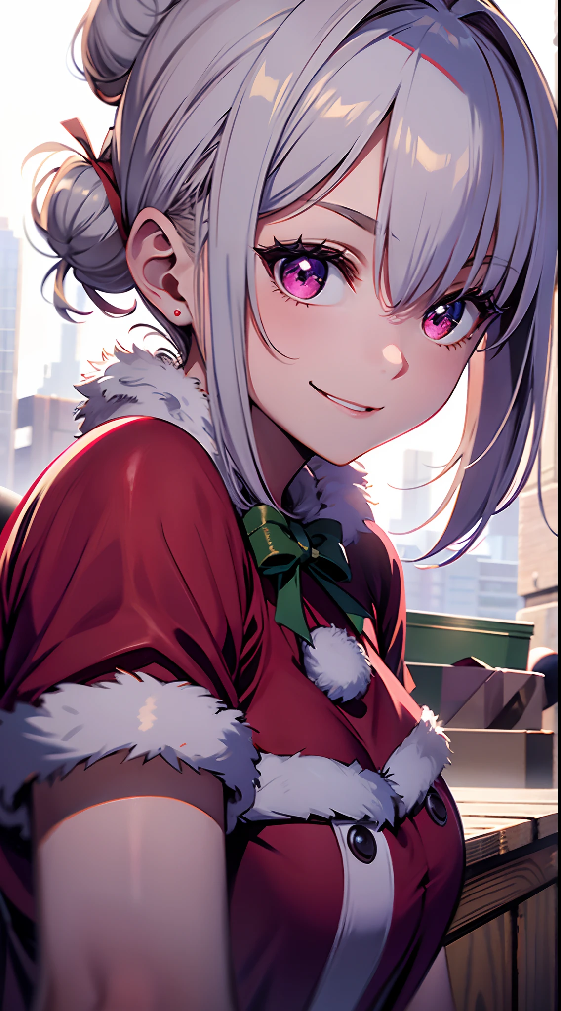 18 year old girl, Wearing Santa costumes、Short hair with silver bob styled in a bun with hair clip, Pink eyes、small tits、A slight smil、Laugh、small tits、Realistic painting in every detail, Christmas Outdoors、delicate detail、facial close-up