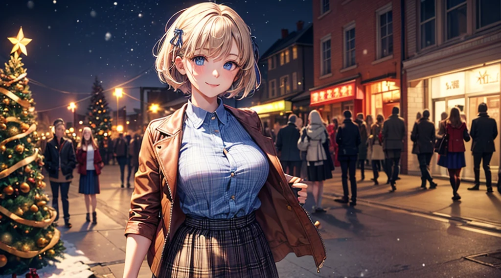 1girl, solo, christmas, ((christmas tree)), street, night, lights, snow, short hair, chestnut hair, large breasts, button down, ((opened brown zipper jacket)), dark blue eyes, ((blue shirt)), ((checked shirt)), ((unbuttoned shirt)), ((long skirt)), smile, looking at the viewer, standing, hair ribbon