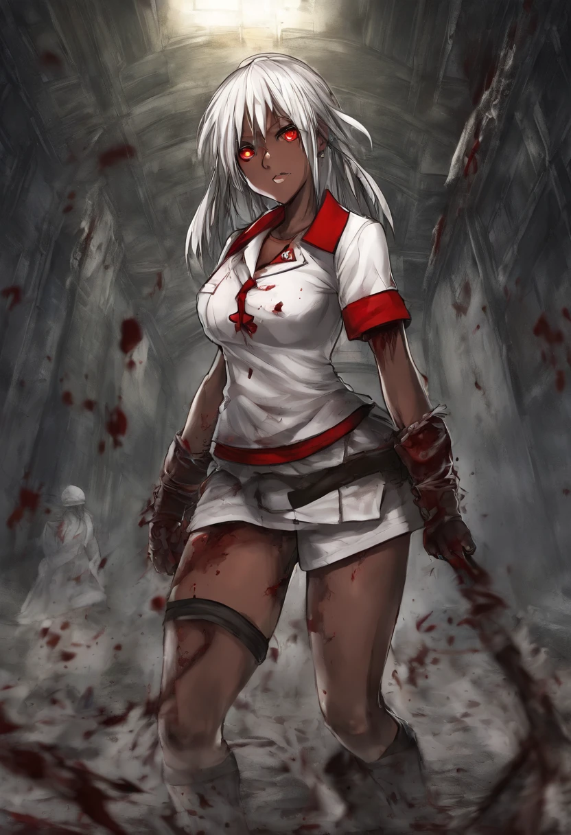 masterpiece, highest quality, highest detail, 1 girl,
BREAK, horror, (Small injured girl, blood, bleeding, injury), Shining white hair, jewel-like red eyes, anime highlight eyes, (Nurse uniform: 1.4), (White tight miniskirt: 1.2), White pantyhose, scarred clothes, dirty clothes, bloodstained clothes, scarred skin, battle damage, bandaged arms, bandaged legs, (Yandere:1.2),
BREAK, The background is a modern hospital, a collapsed hospital,
BREAK, full body, movie lighting, action movie poster, dynamic, beautiful girl action actor, motion blur, depth of field, 35mm, Sony FE, 1girl,