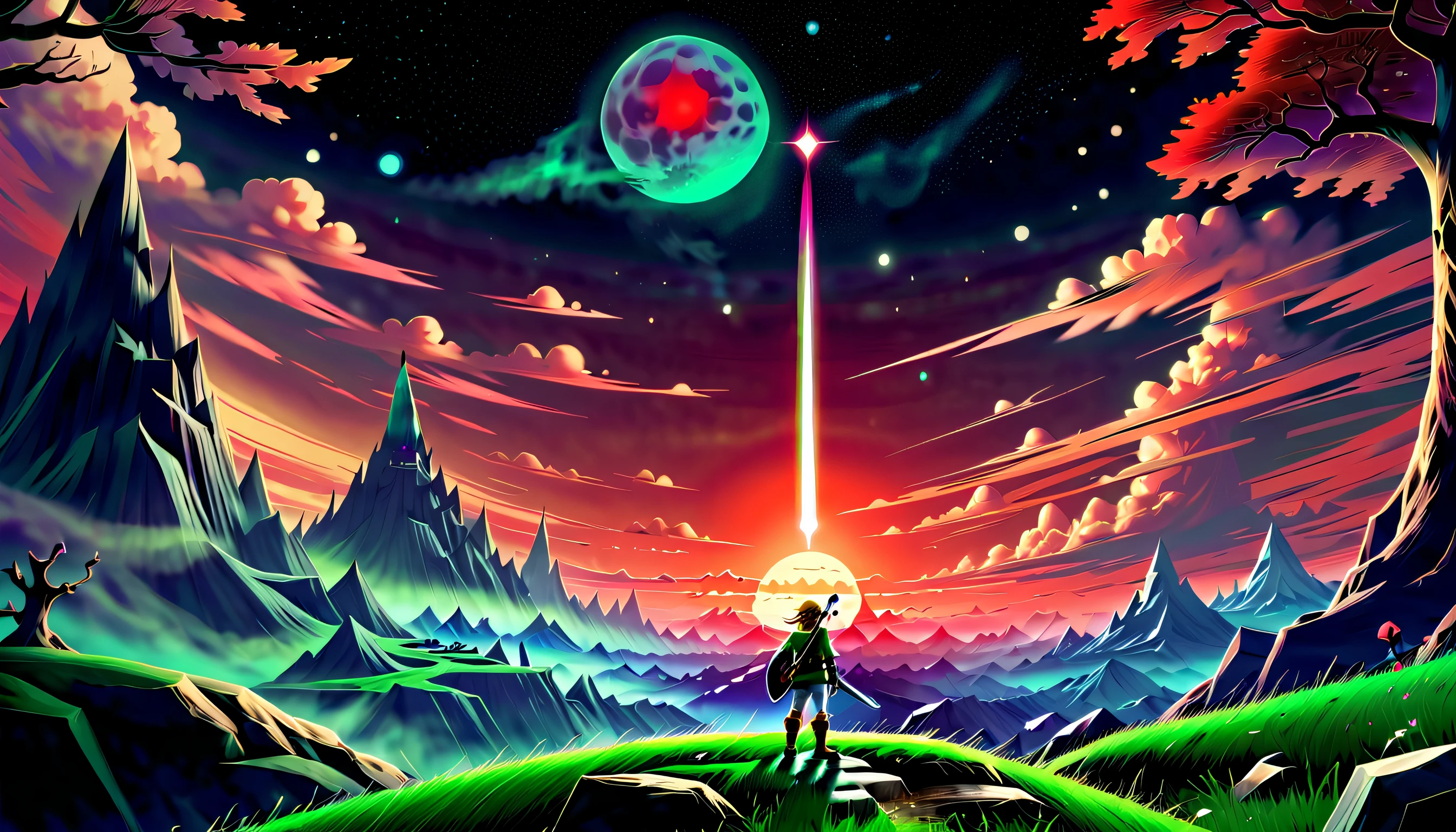 (((Legend of Zelda Style Scenery of Legend of Zelda character Link illustration:1.3))), immaculate red mark, far hazy space-time, spilling lighting emit light, whispers a fleeting dream hidden in the darkness of the moon, distant world beyond crying. fate beyond control coating, breathtakingly haunting digital painting captures the main subject, featuring a beautifully detailed and realistic, (depicted in exquisite detail:1.1),