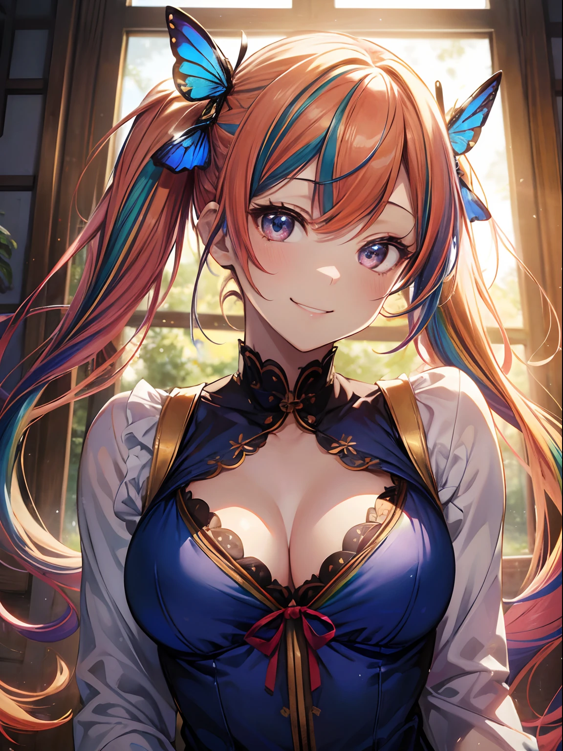 (masutepiece:1.3), (8K, Photorealistic, Raw photo, Best Quality: 1.4), Beautiful face, (Realistic face), Beautiful detailed eyes, (Realistic skin), Attractive, Intricate details,Golden ratio,  1 girl,Naughty smile, (rainbow hair:1.4),((Long twintails,Ribbon 1.4)),Blue Athletic Wear,(Blue Butterfly Hair Ornament 1.3),cleavage,Dynamic Pose,Dynamic Angle,Intricate details, Hyper realistic、only face、A smile、Smiling、Face enhancement、marason、Autumn Park、the morning sun、Luz Divina、Deities、heaven、rainbows