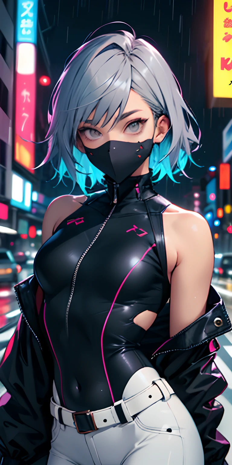 portrait, 1 girl, beautiful face, asymmetrical hair, multi-colored hair, belt, bodysuit, covered mouth, covered navel, detached sleeves, grey eyes, hip vent, open jacket, cute, look at viewer, night city, neon, rainy,