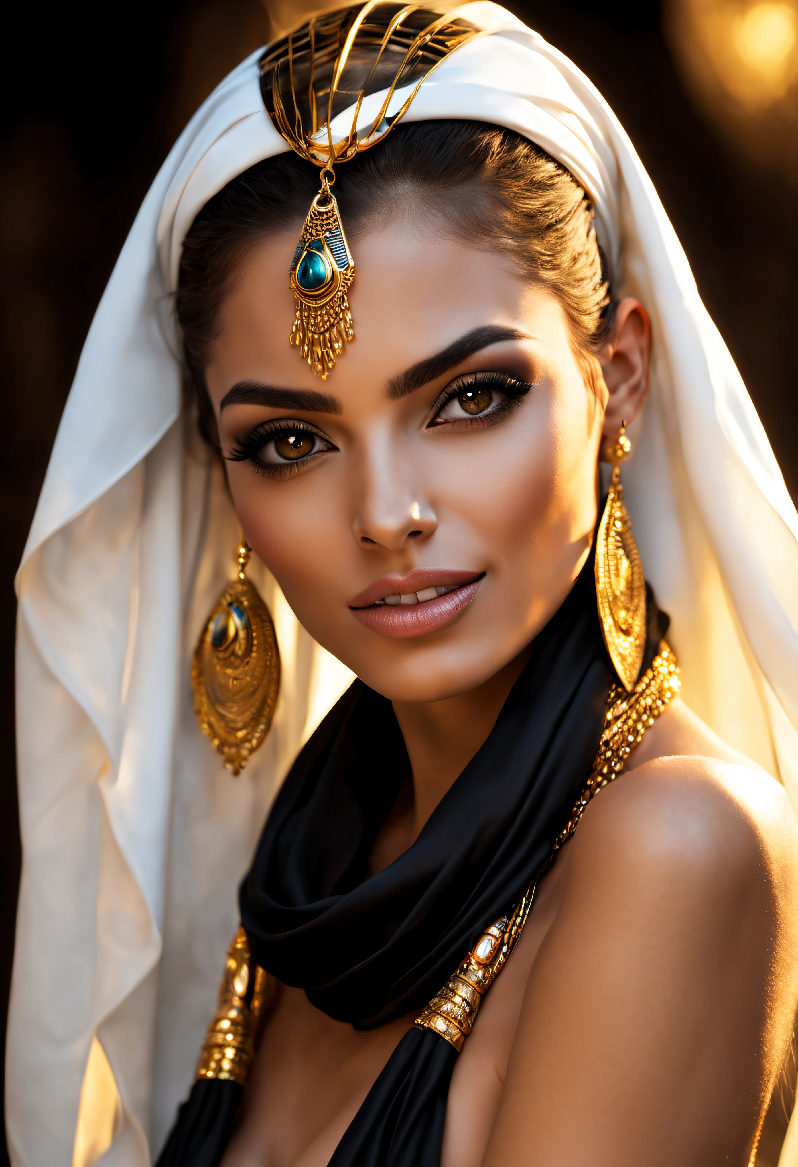 un cabello liso hermoso, sexy, caliente y perfecto y piel dorada suelta y sedada (oily lighting), labios carnosos, Egyptian scarf, joyas y pulseras (fotorrealista: fotorrealista, obra maestra de 8k), con un atuendo egipcio dorado y blanco, templo egipcio, (hiperrealista: detalles intrincados realistas), sonriente: sensual feature, (textura y entorno bien detallados, Pure perfect lighting).
