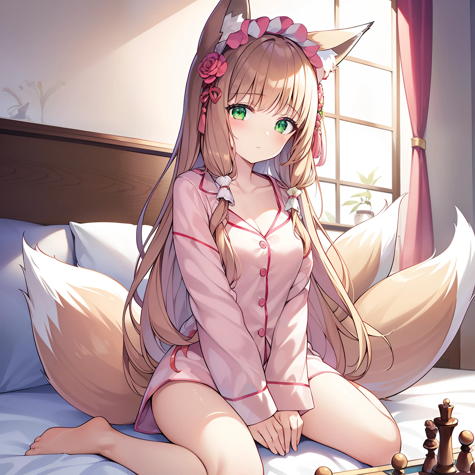 tmasterpiece,best qualtiy,A high resolution,1girll, Solo, (8K wallpaper), (Long brown hair),(Huge fox tail:1.2),Green eyes,Small flower headdress,16-year-old girl_C cup,Modern architecture,Sit on the edge of the bed at home_playing chess,Wearing pink pajamas,Thinking expressions,