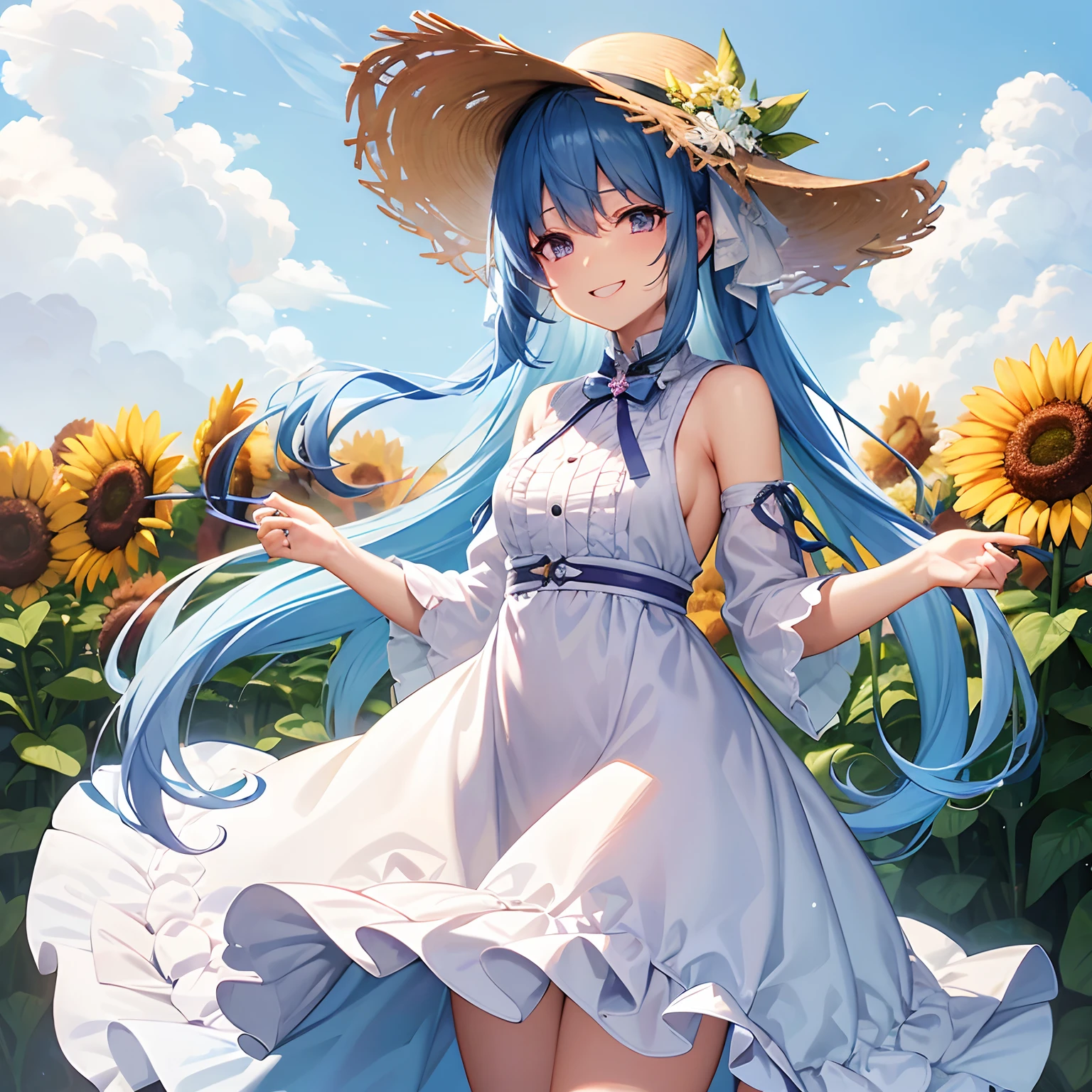 index, index, (Green Eyes:1.5), Silver Hair, Long Hair, (Flat Chest:1.2),smile,Open your mouth,blush,White hat,Off-the-shoulder dress,Short sleeve,Bare shoulders,bare clavicle,Bare neck,mini skirt,Cute heeled sandals,Place your hands on your knees,True Summer,Clear skies,Daytime,whole bodyがイラストに入るように,
break looking at viewer, whole body,
break outdoors, Sunflower field,
break (masterpiece:1.2), Highest quality, High resolution, unity 8k wallpaper, (shape:0.8), (Fine and beautiful eyes:1.6), Highly detailed face, Perfect lighting, Highly detailed CG, (Perfect hands, Perfect Anatomy),