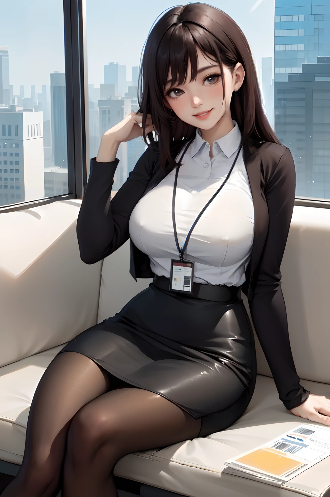 1lady solo office worker, sitting on swivel chair, /(casual shirt pencil skirt/) /(brown pantyhose/) /(id card lanyard/), /(black hair/) bangs, blush kind smile, (masterpiece best quality:1.2) ultra-detailed, large breasts arms down BREAK /(moden office indoors/) window skyscraper