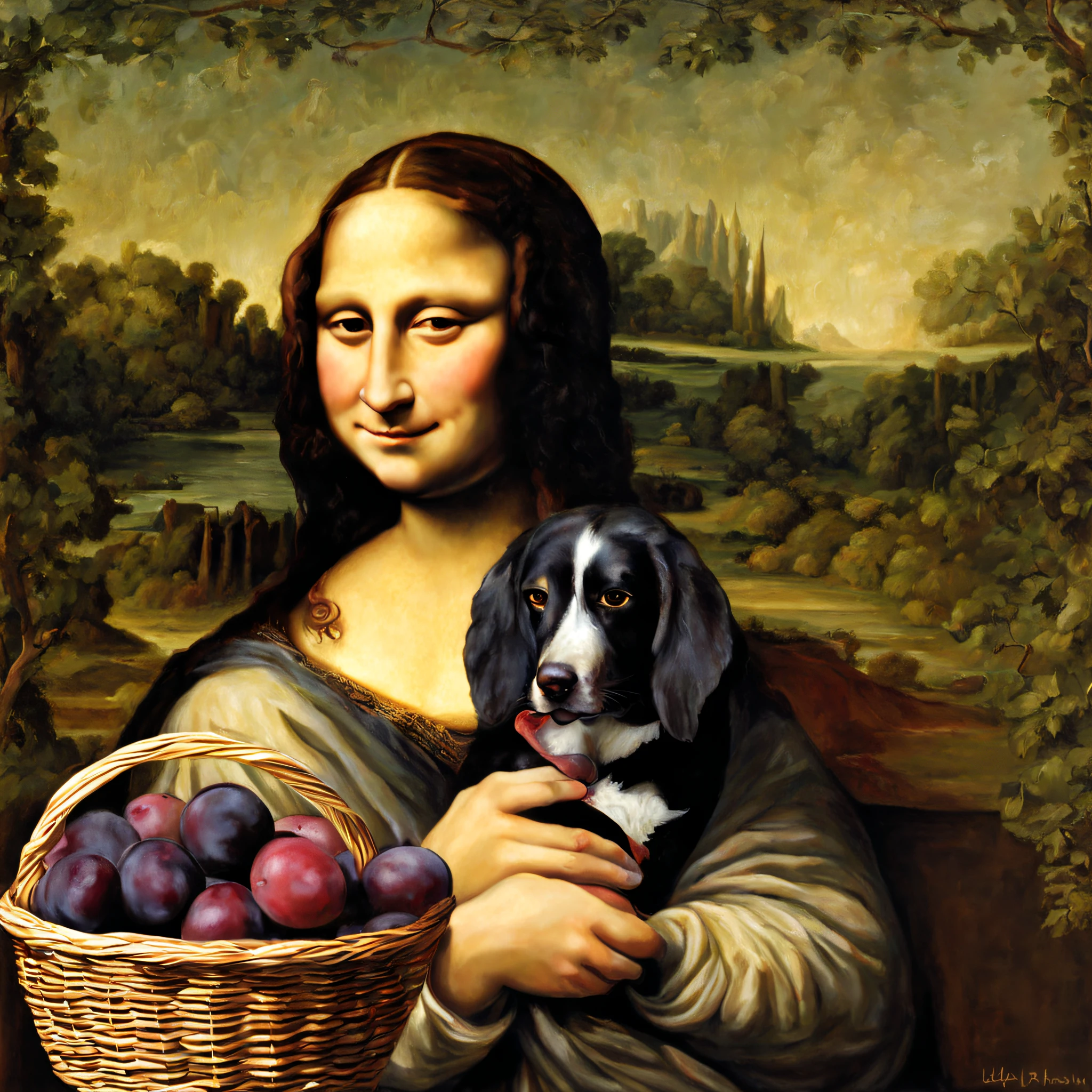 Mona Lisa, with a basket of black plums and rhubarb, smiling
