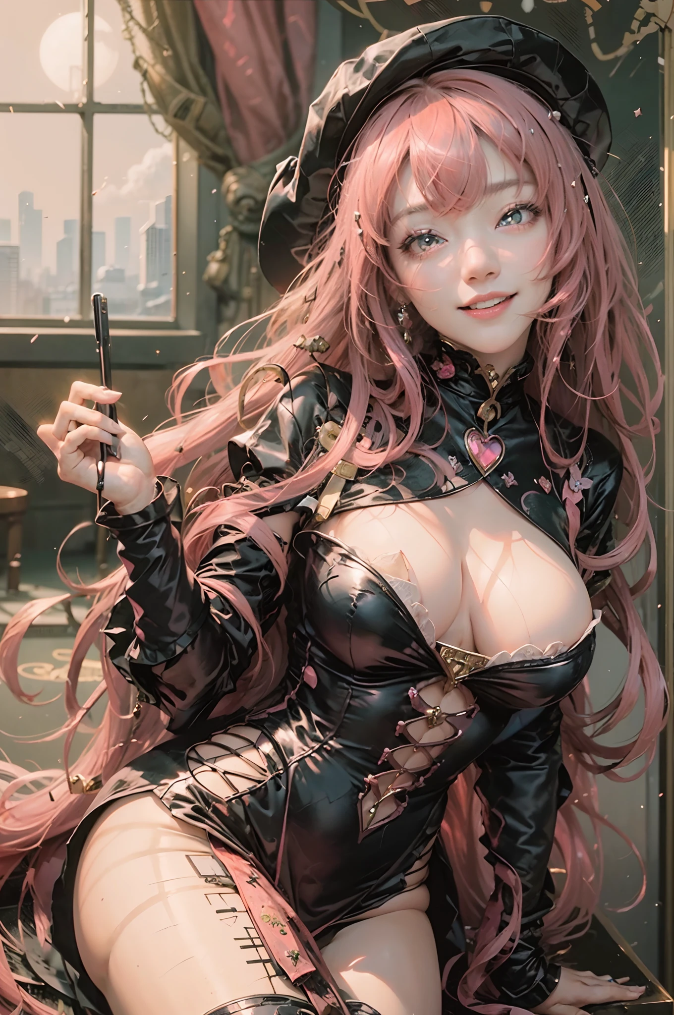 :(masterpiece), (best quality), (ultra-detailed), (masterpiece), (best quality), (1600×720), (ultra-detailed), A beautiful cute girl, with long pink hair and red eyes, smiling, in black sexy dress, at casino, masterpiece, ultra-high definition resolution --auto --s2