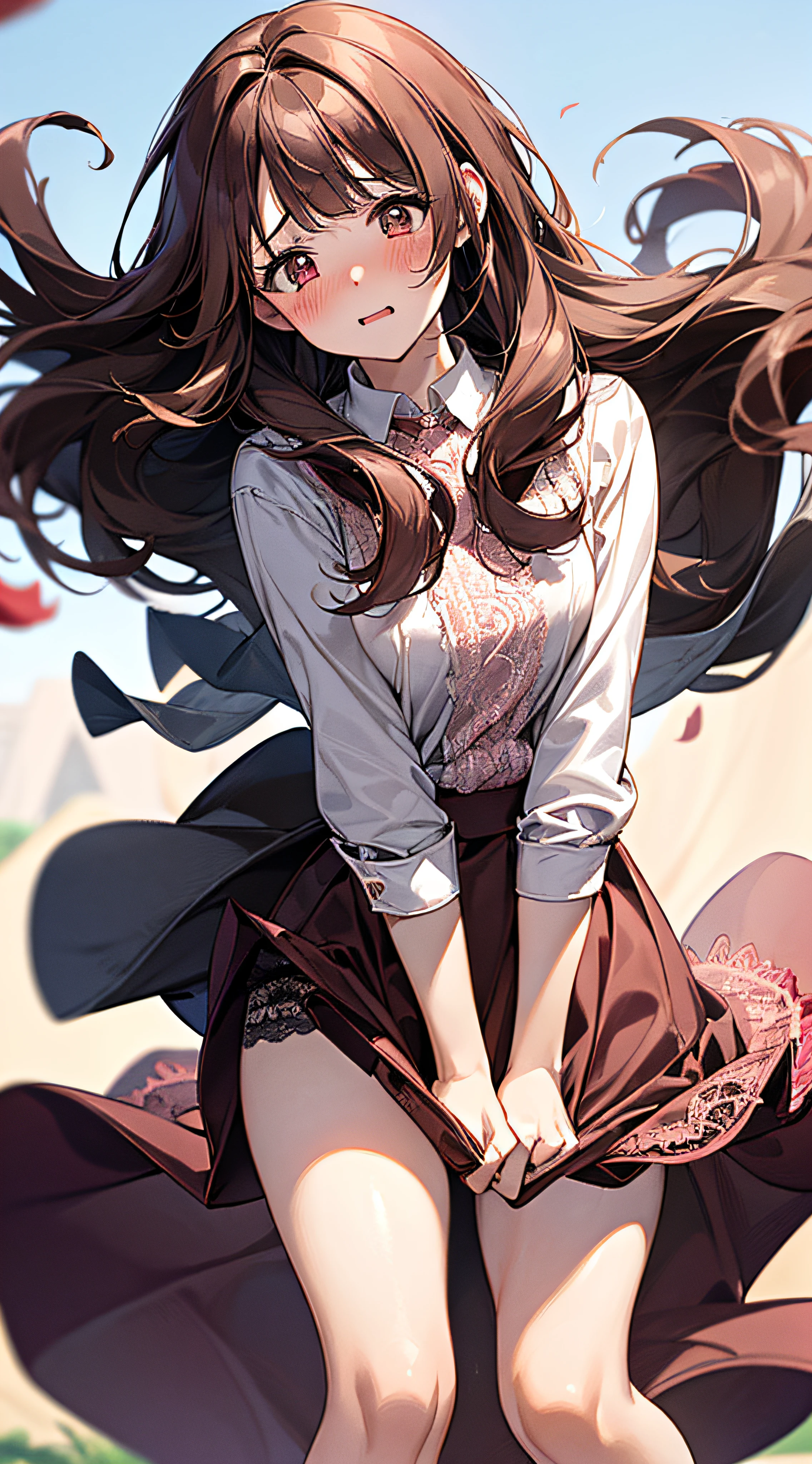 1womanl,dark brown hair,Long Wave Hair、a 20 yo woman、governess、Shy laughter、Beautiful Medium Big、White shirt,Red flared skirt,well-styled,,(Facing the front)(((Blushing cheeks、embarassed expression)),(((The skirt is rolled up by the wind)))、((You can see all the panties))、Light Pink Lace Panties